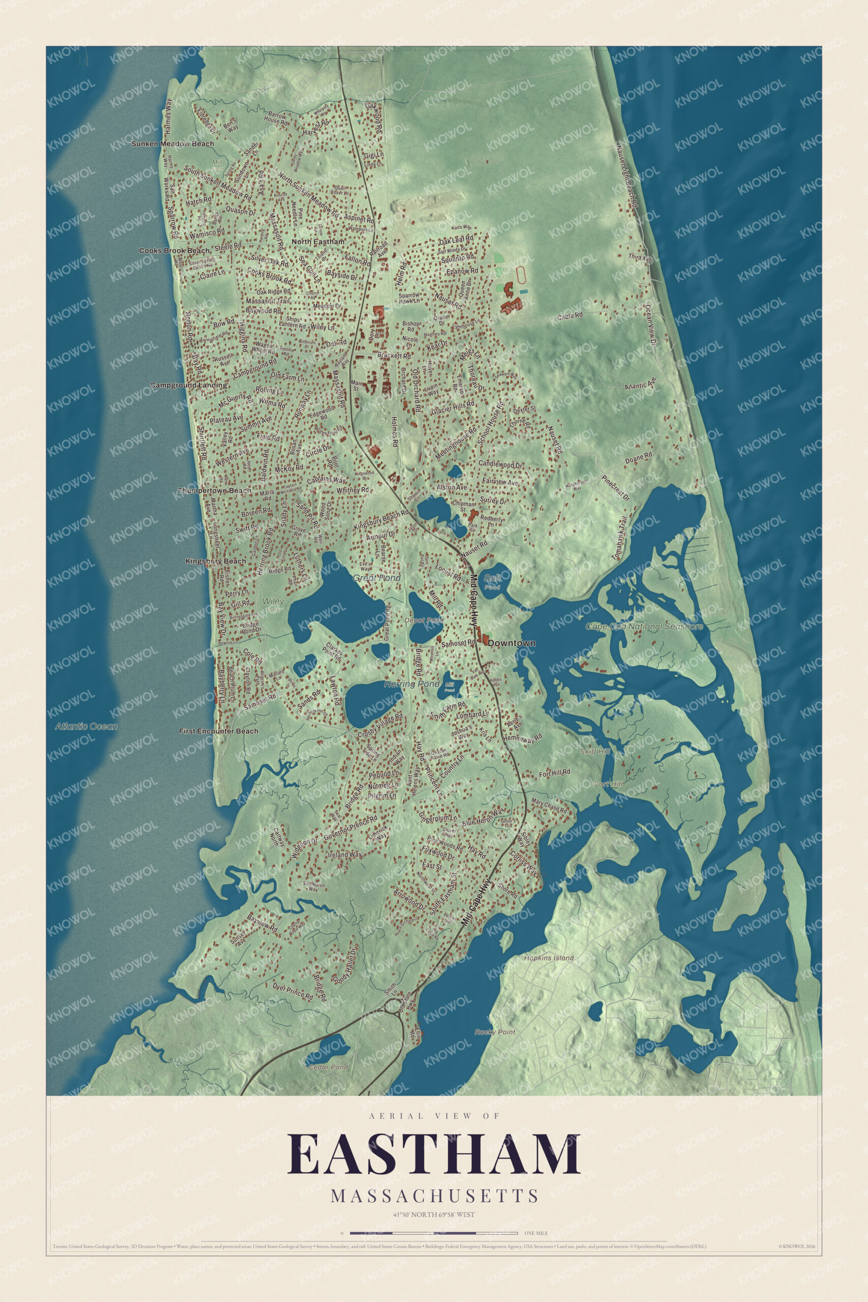 Map of Eastham, Massachusetts, with the Mid-Cape Highway, Fort Hill and First Encounter Beach