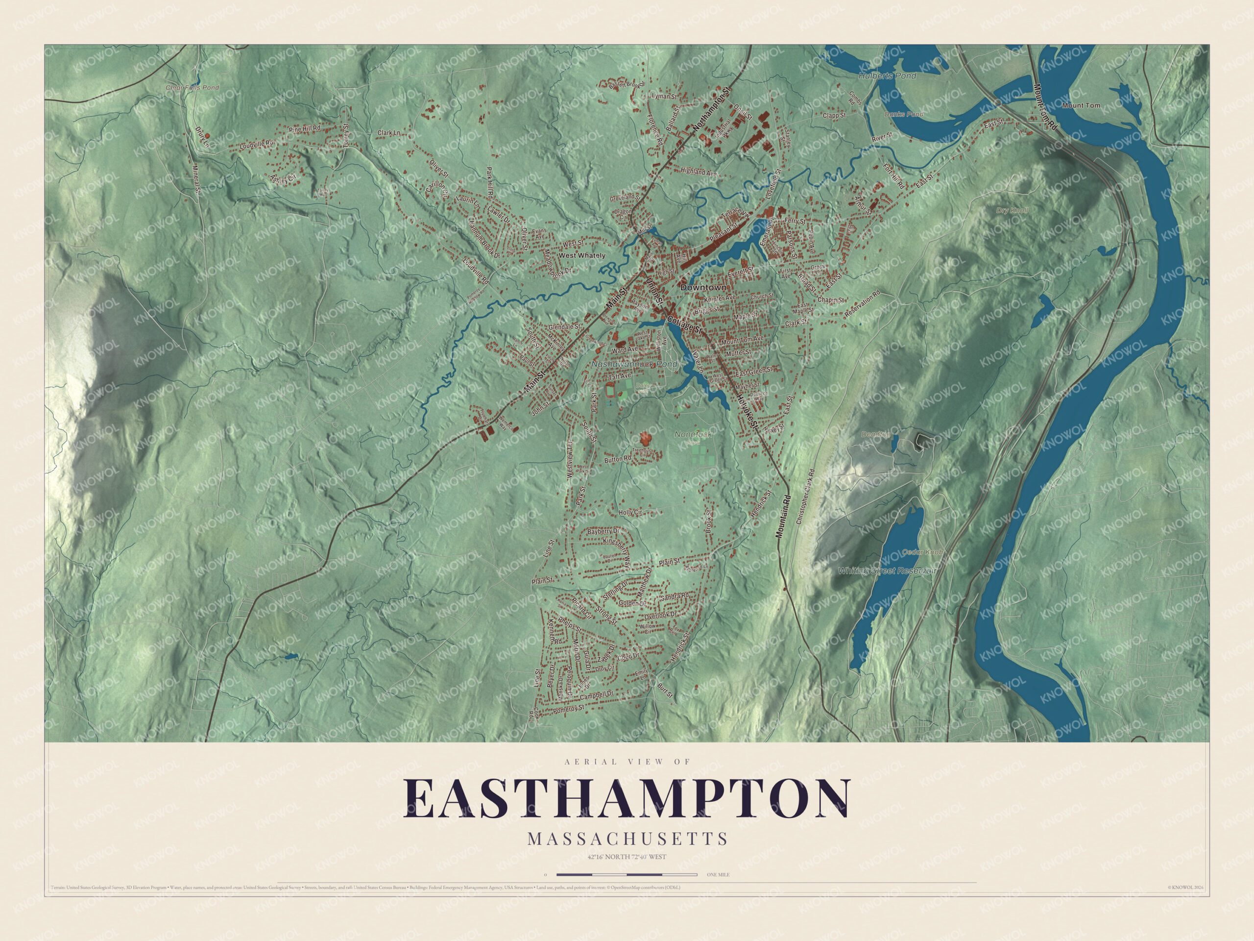 Map of Easthampton, Massachusetts, with Main Street, Nashawannuck Pond and Mount Tom Road