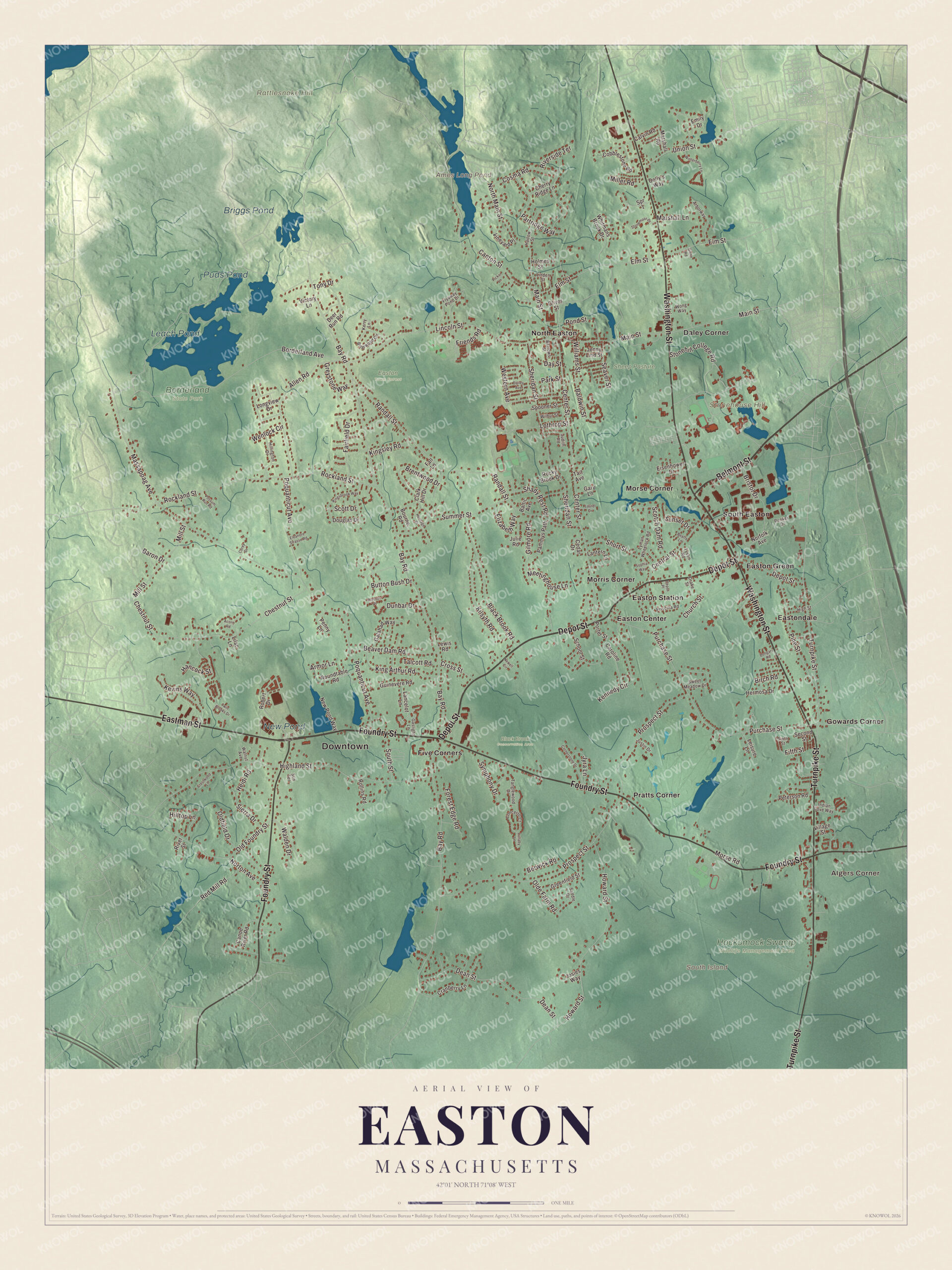 Map of Easton, Massachusetts, with Washington Street, Ames Long Pond and Rattlesnake Hill