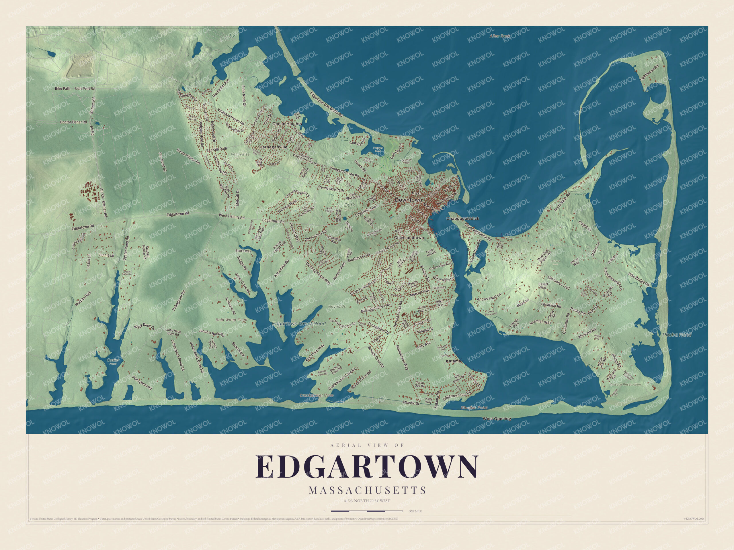 Map of Edgartown, Massachusetts, with North Water Street, Edgartown Great Pond and the Wasque Reservation