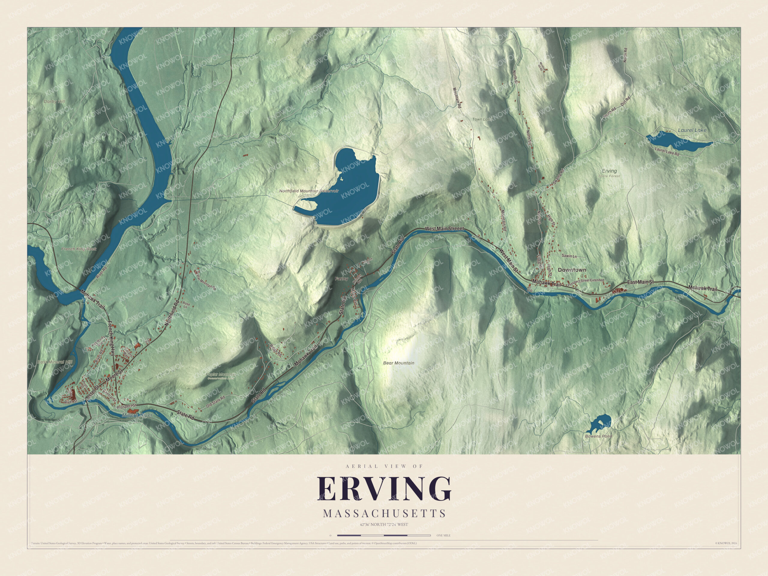 Map of Erving, Massachusetts, with the Millers River, Laurel Lake and the Northfield Mountain Reservoir