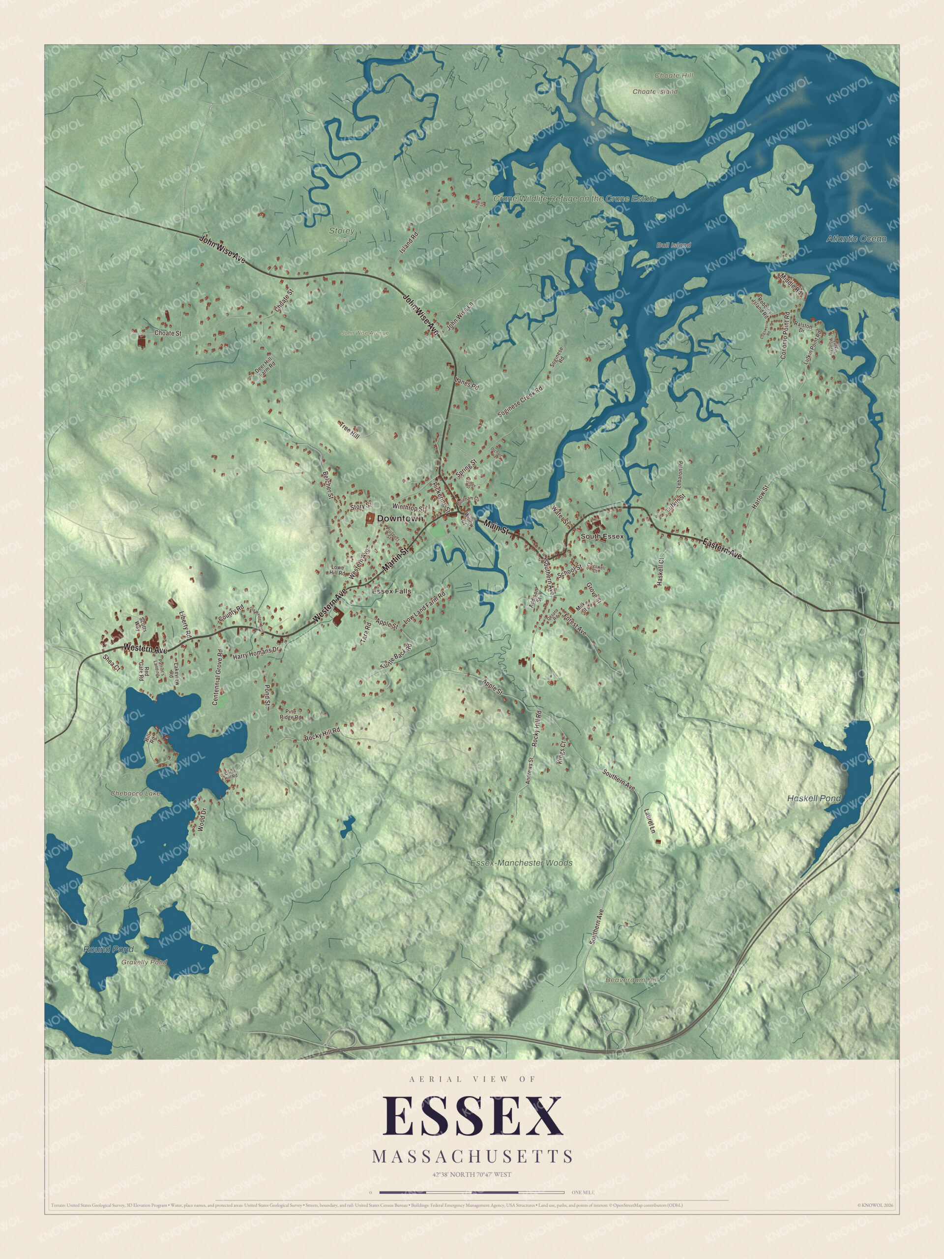 Map of Essex, Massachusetts, with Main Street, John Wise Avenue, Chebacco Lake and Choate Island