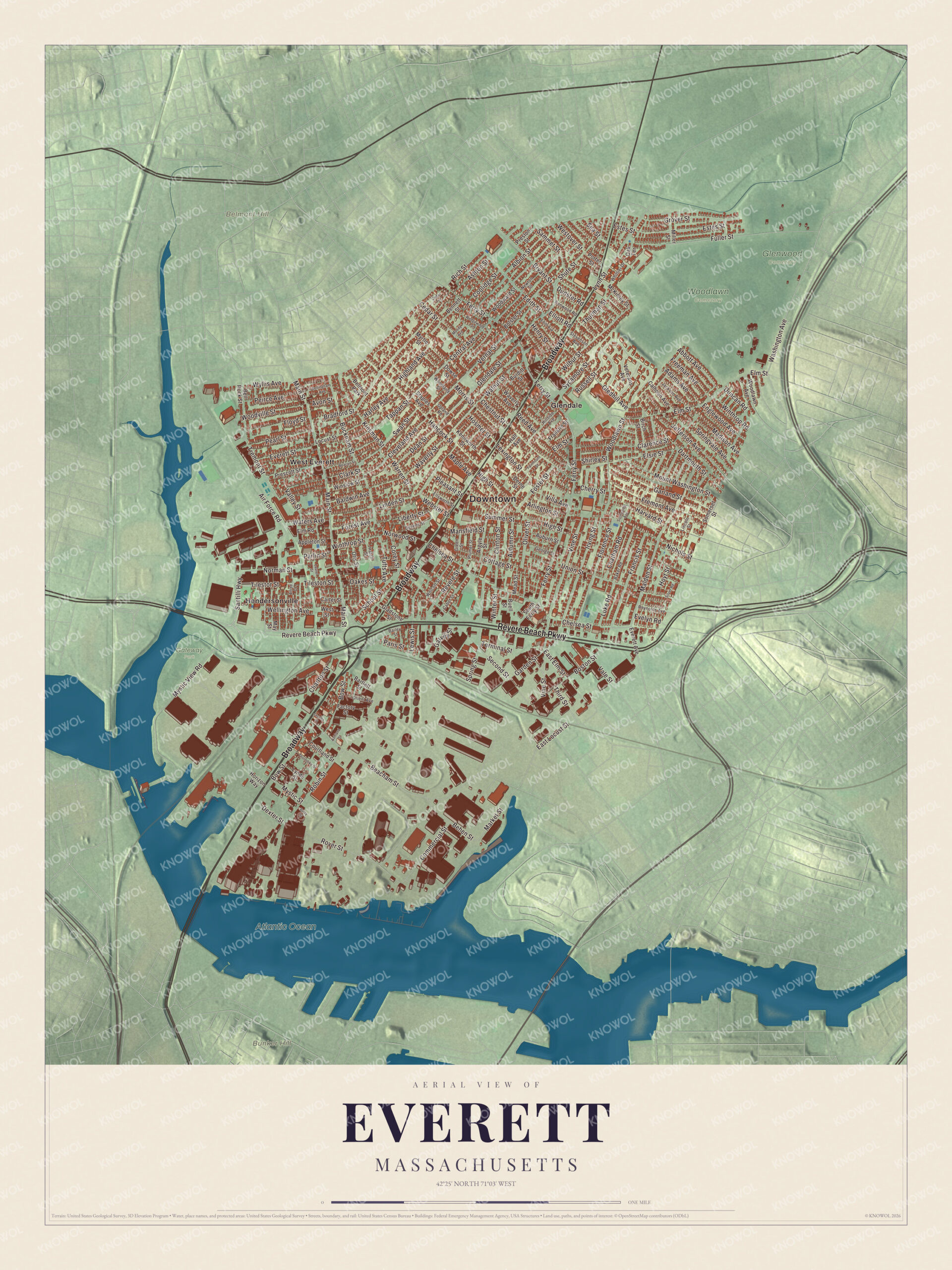 Map of Everett, Massachusetts, with Broadway, the Revere Beach Parkway and Ferry Street