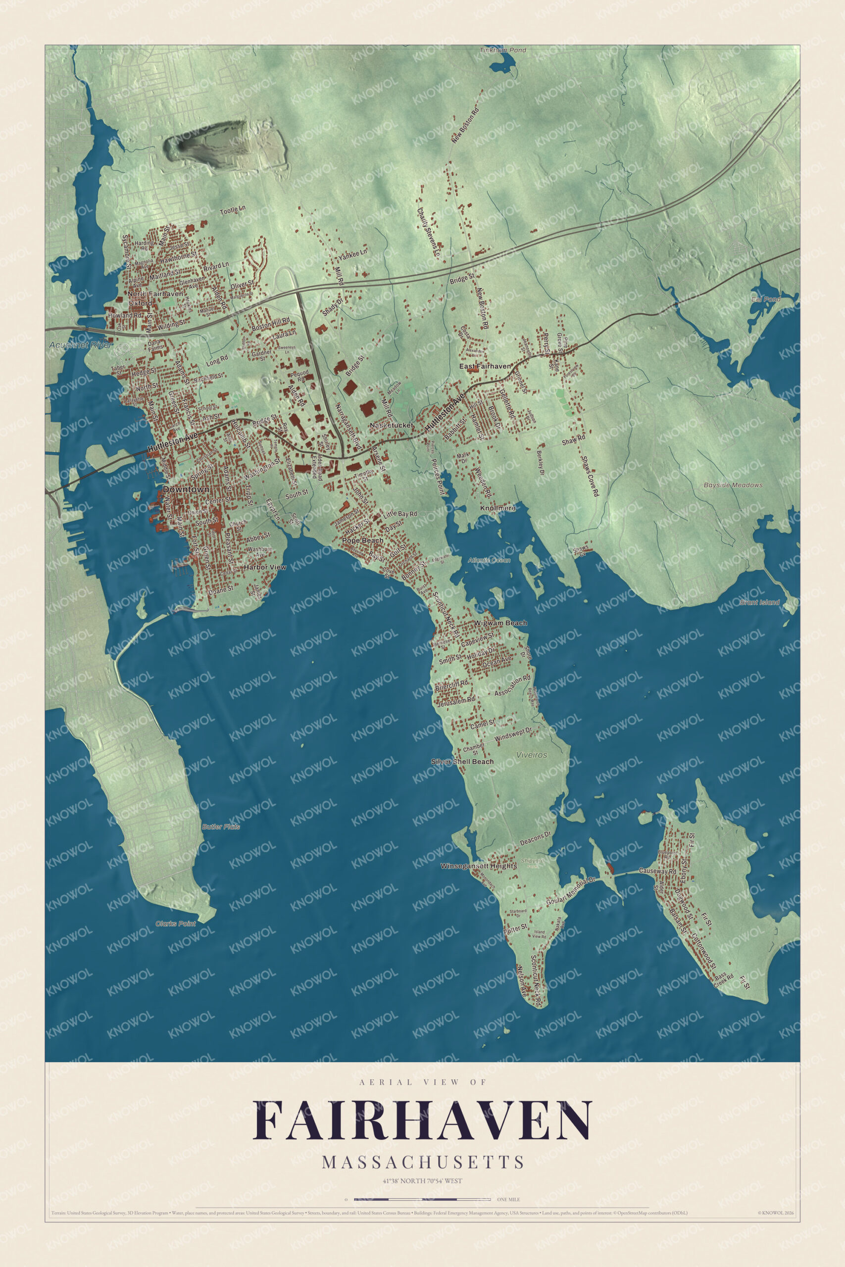 Map of Fairhaven, Massachusetts, with Huttleston Avenue, Sconticut Neck Road and the Acushnet River