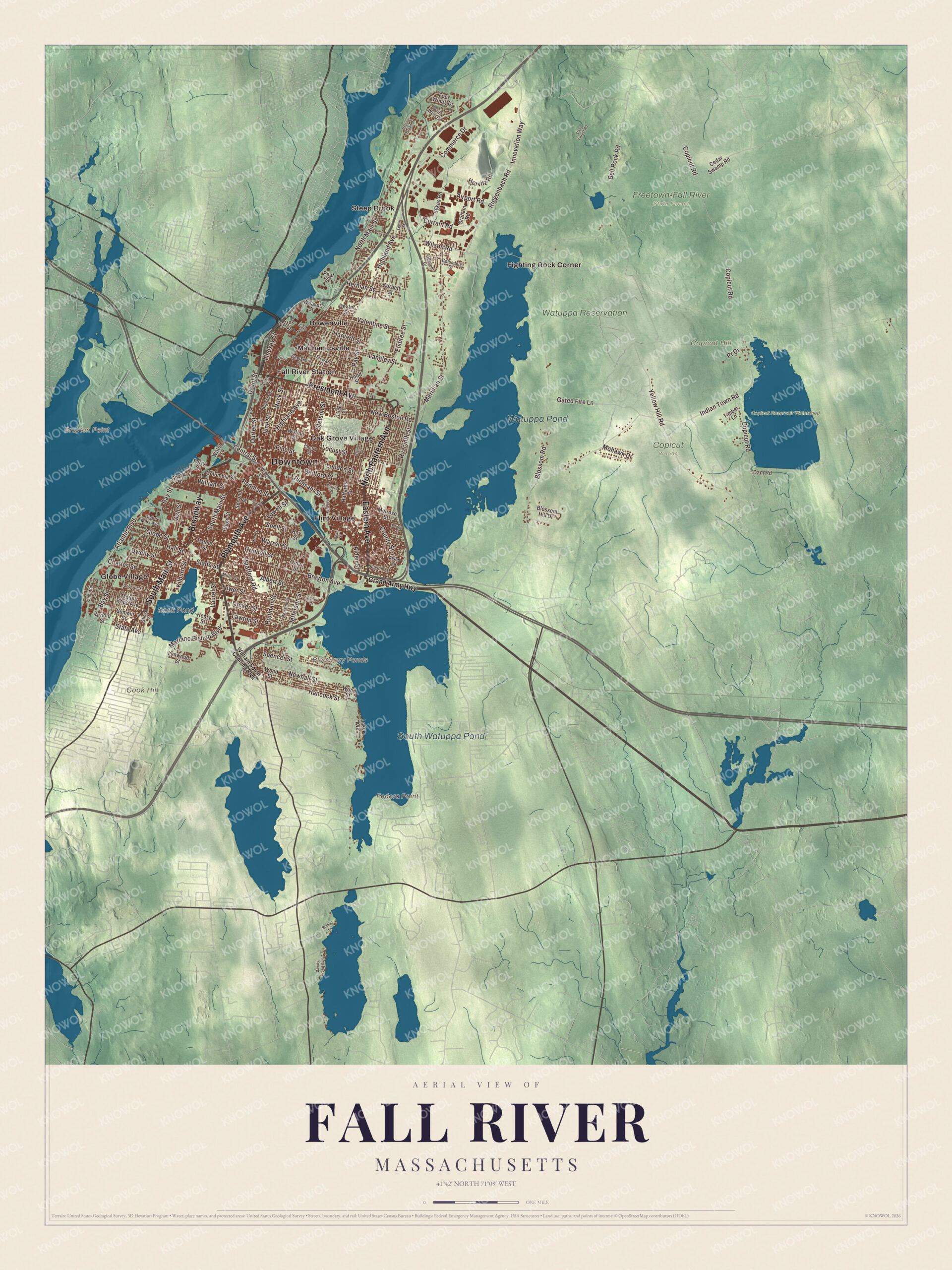 Map of Fall River, Massachusetts, with South Main Street, President Avenue and the Watuppa Ponds