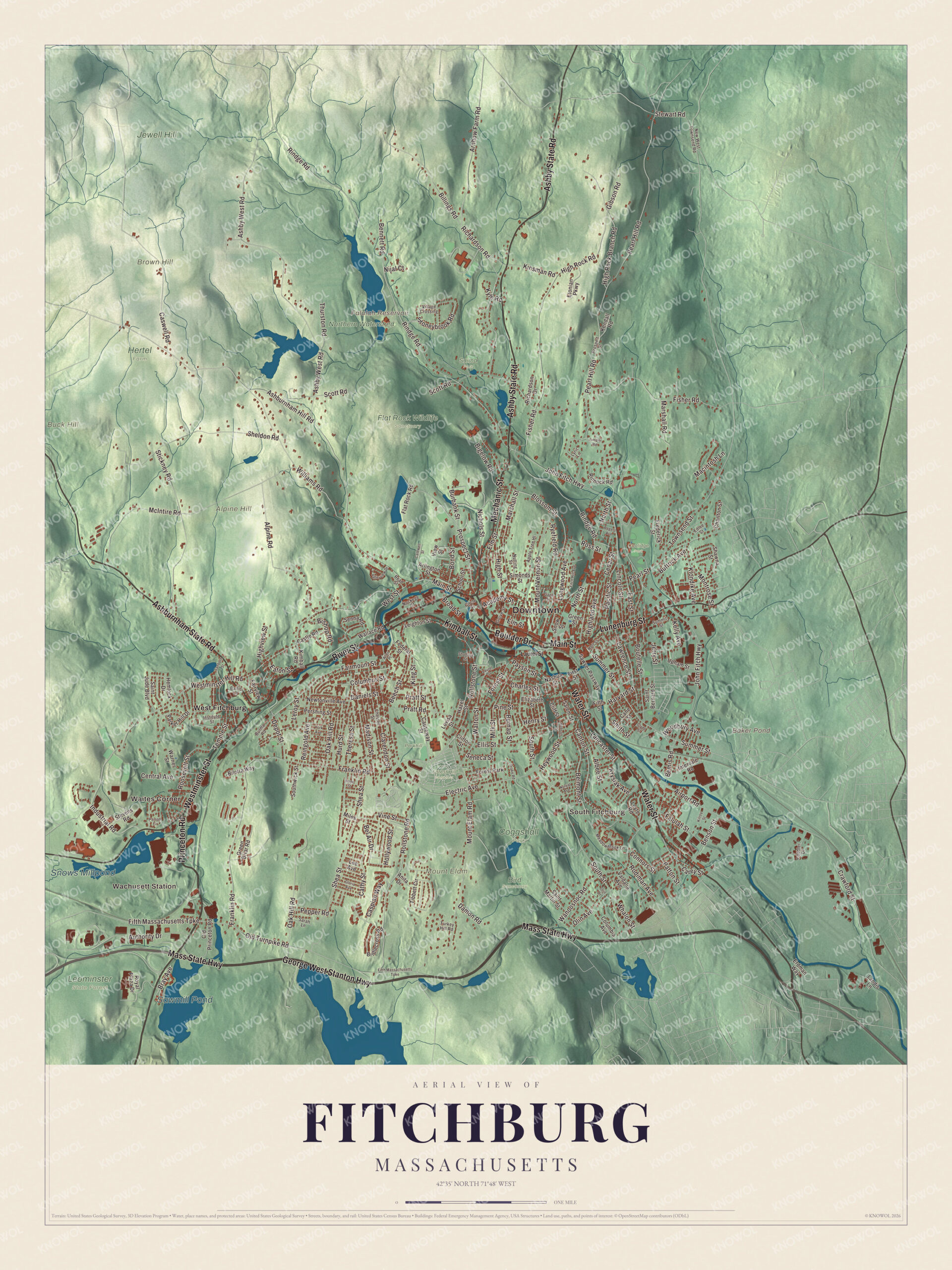 Map of Fitchburg, Massachusetts, with Main Street, Boulder Drive and Brown Hill