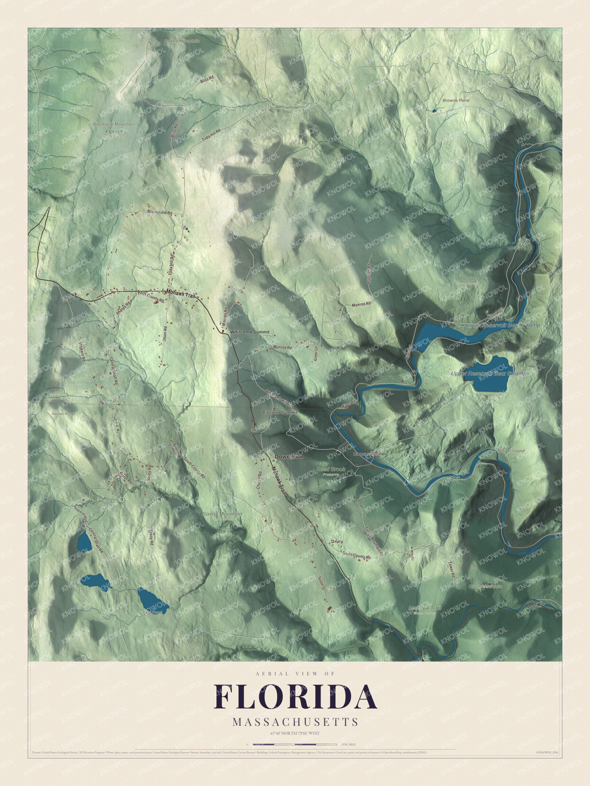 Map of Florida, Massachusetts, with the Mohawk Trail, Central Shaft Road and Bakke Mountain
