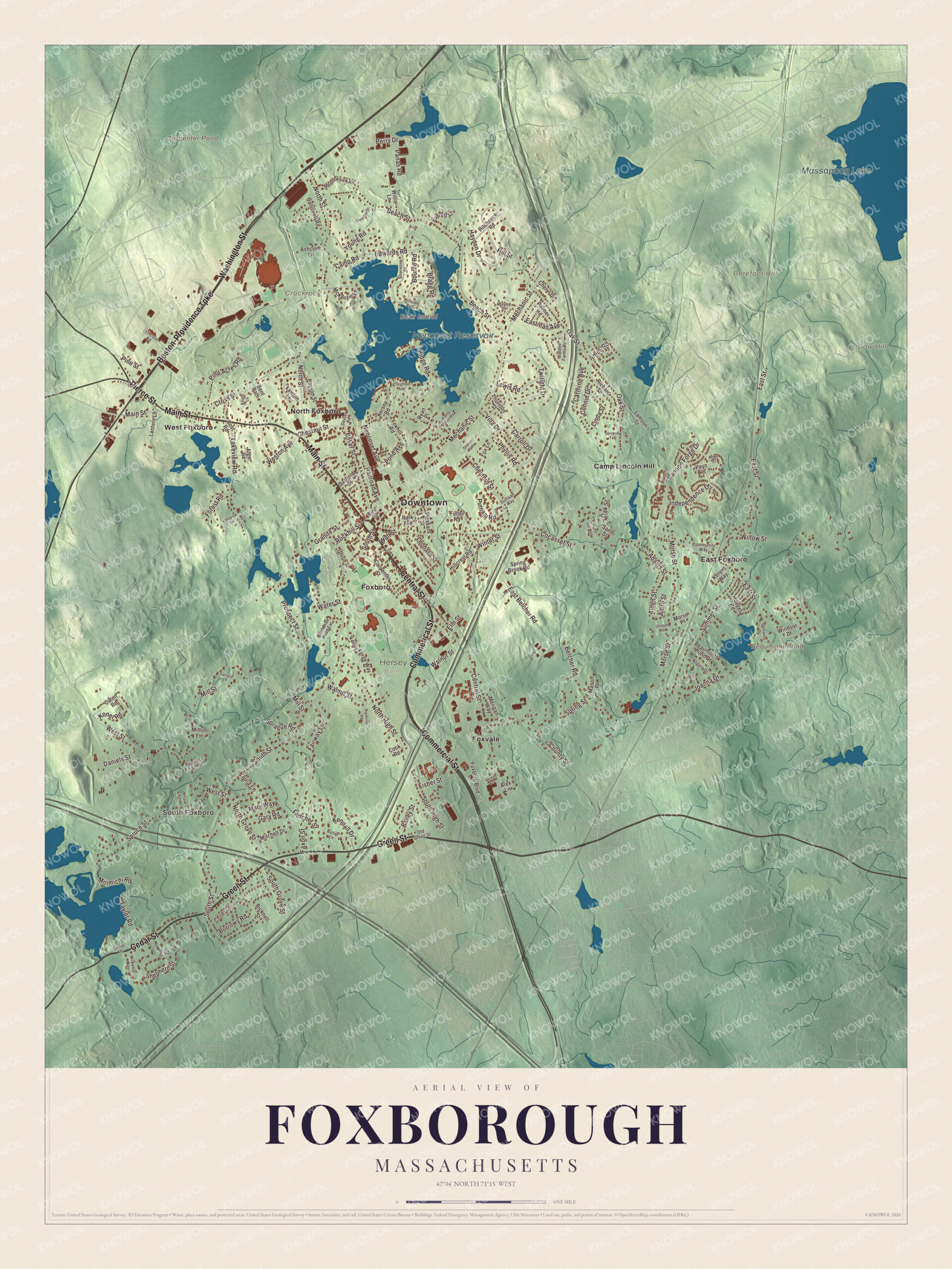 Map of Foxborough, Massachusetts, with Main Street, Central Street and the Neponset Reservoir