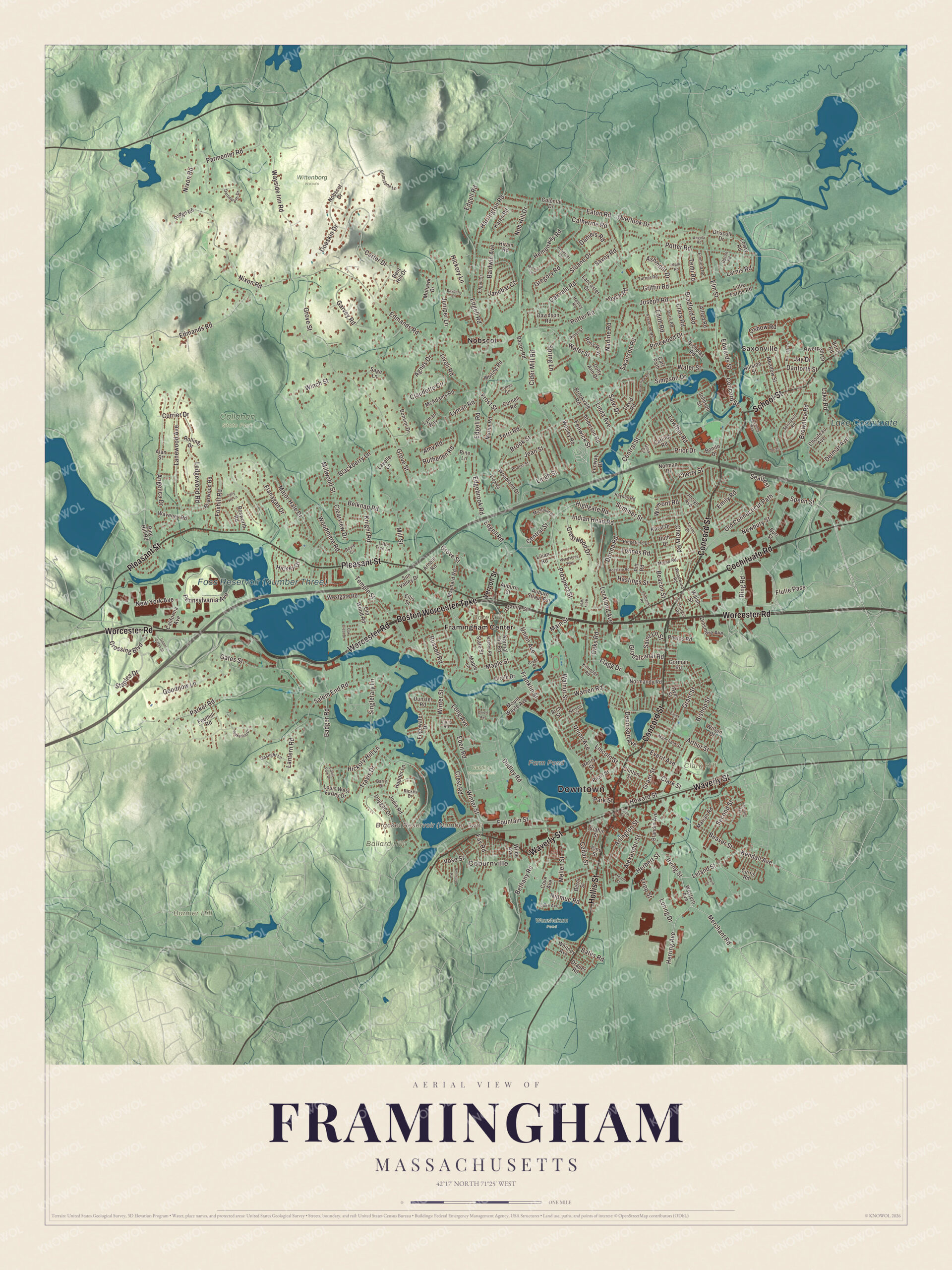 Map of Framingham, Massachusetts, with Concord Street, Worcester Road and Farm Pond