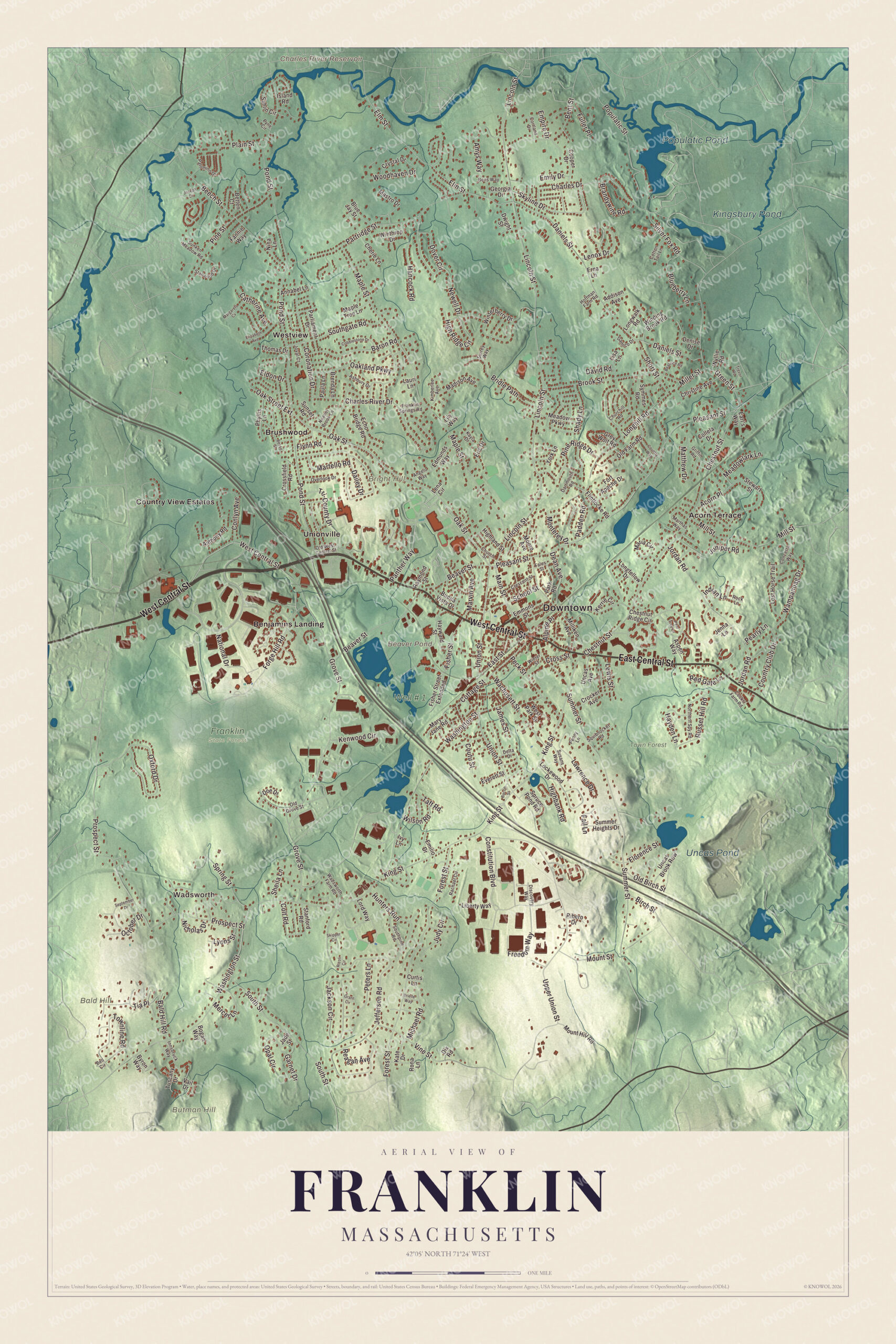Map of Franklin, Massachusetts, with Main Street, West Central Street and Uncas Pond