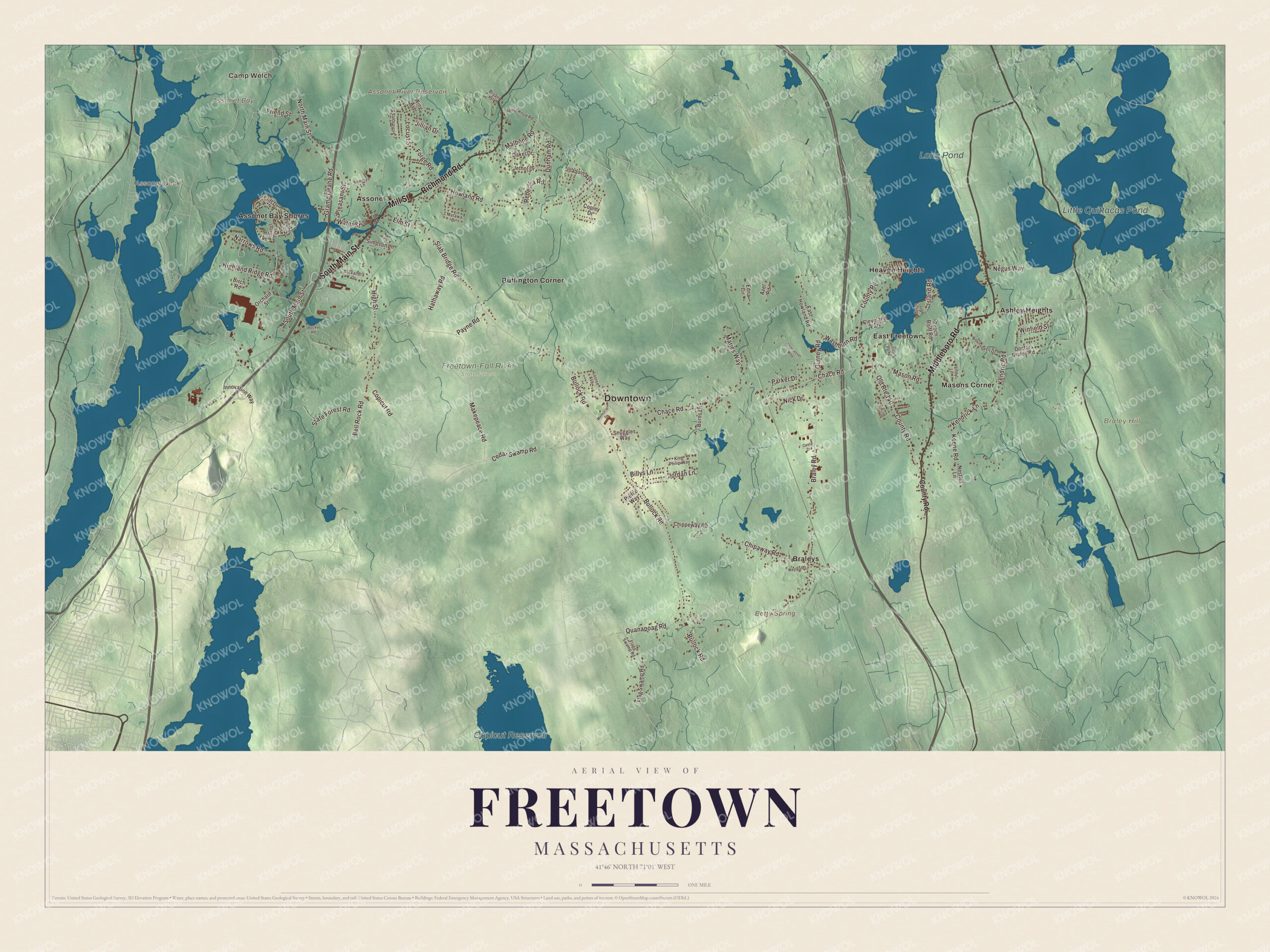 Watermarked full-map preview of Freetown, Massachusetts