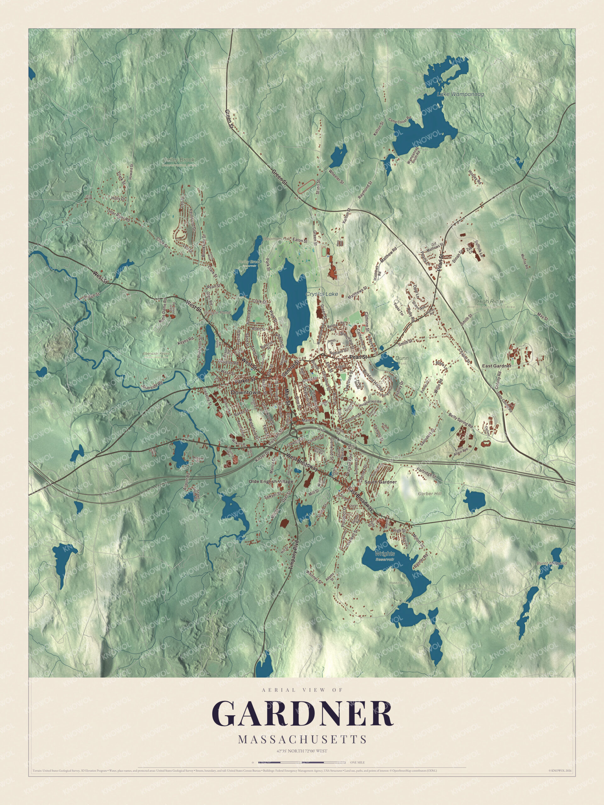 Map of Gardner, Massachusetts, with Central Street, Timpany Boulevard and Crystal Lake