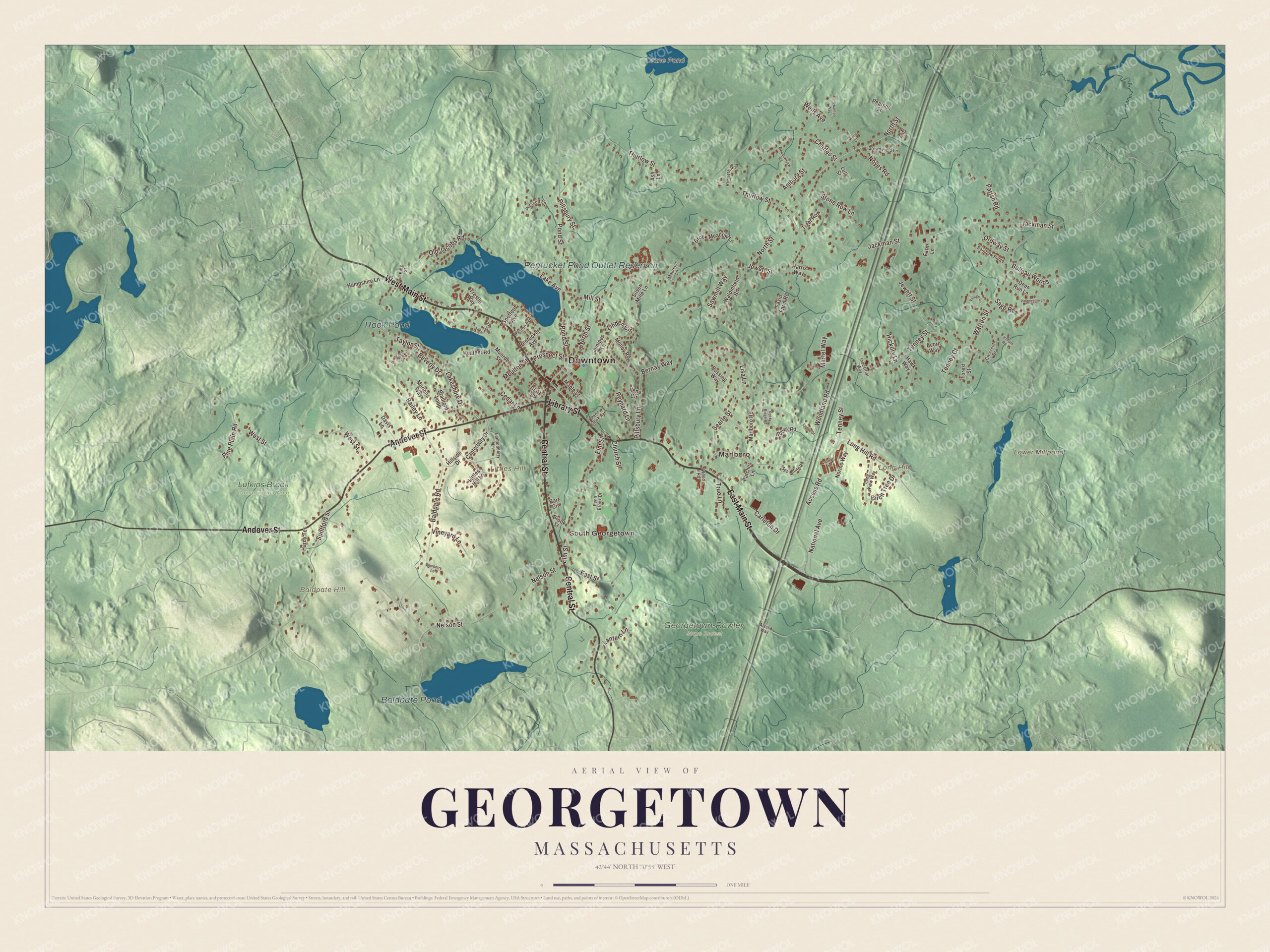 Map of Georgetown, Massachusetts, with East Main Street, West Main Street and Rock Pond