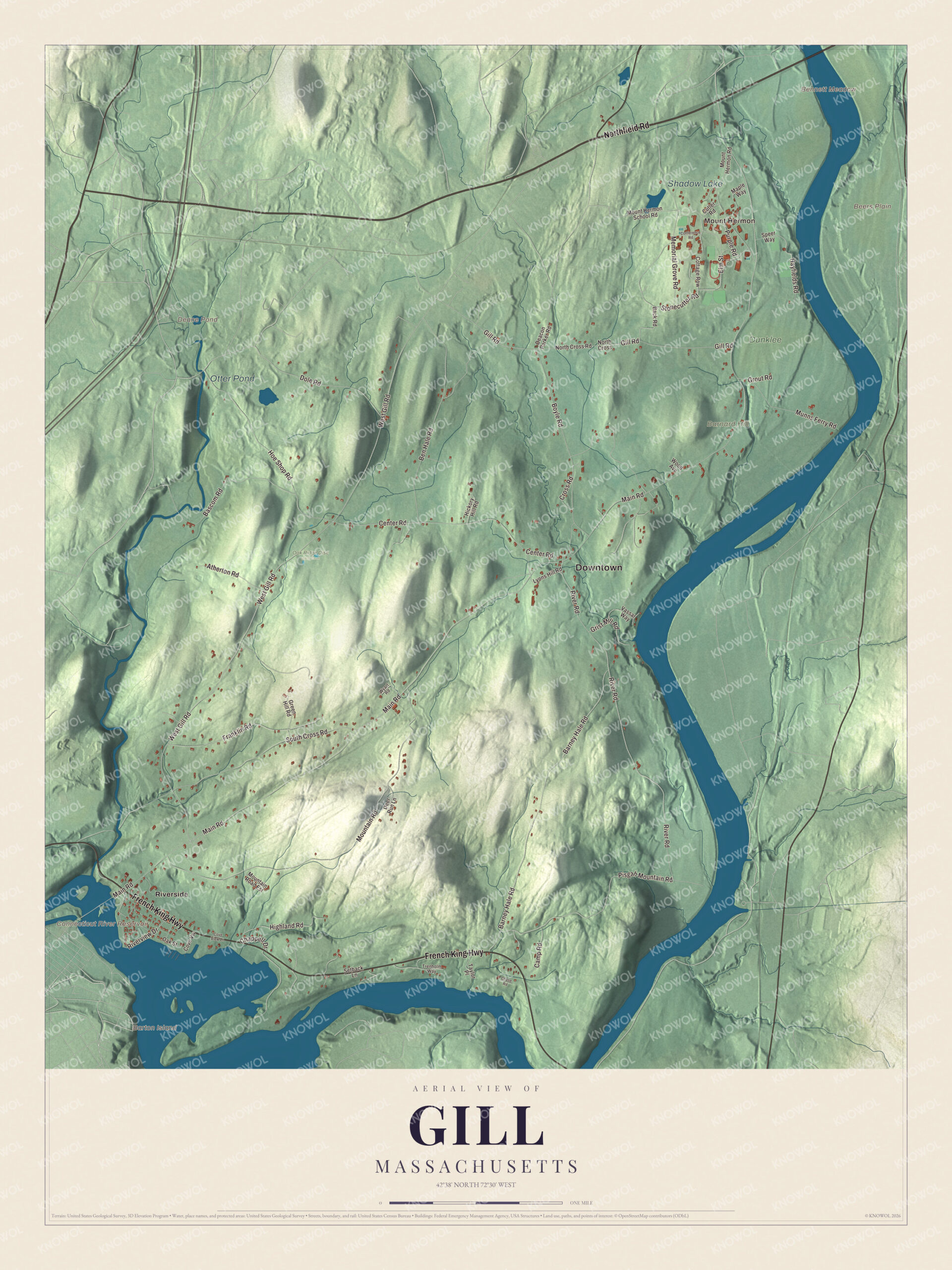 Map of Gill, Massachusetts, with French King Highway, Barton Island and the Connecticut River Reservoir