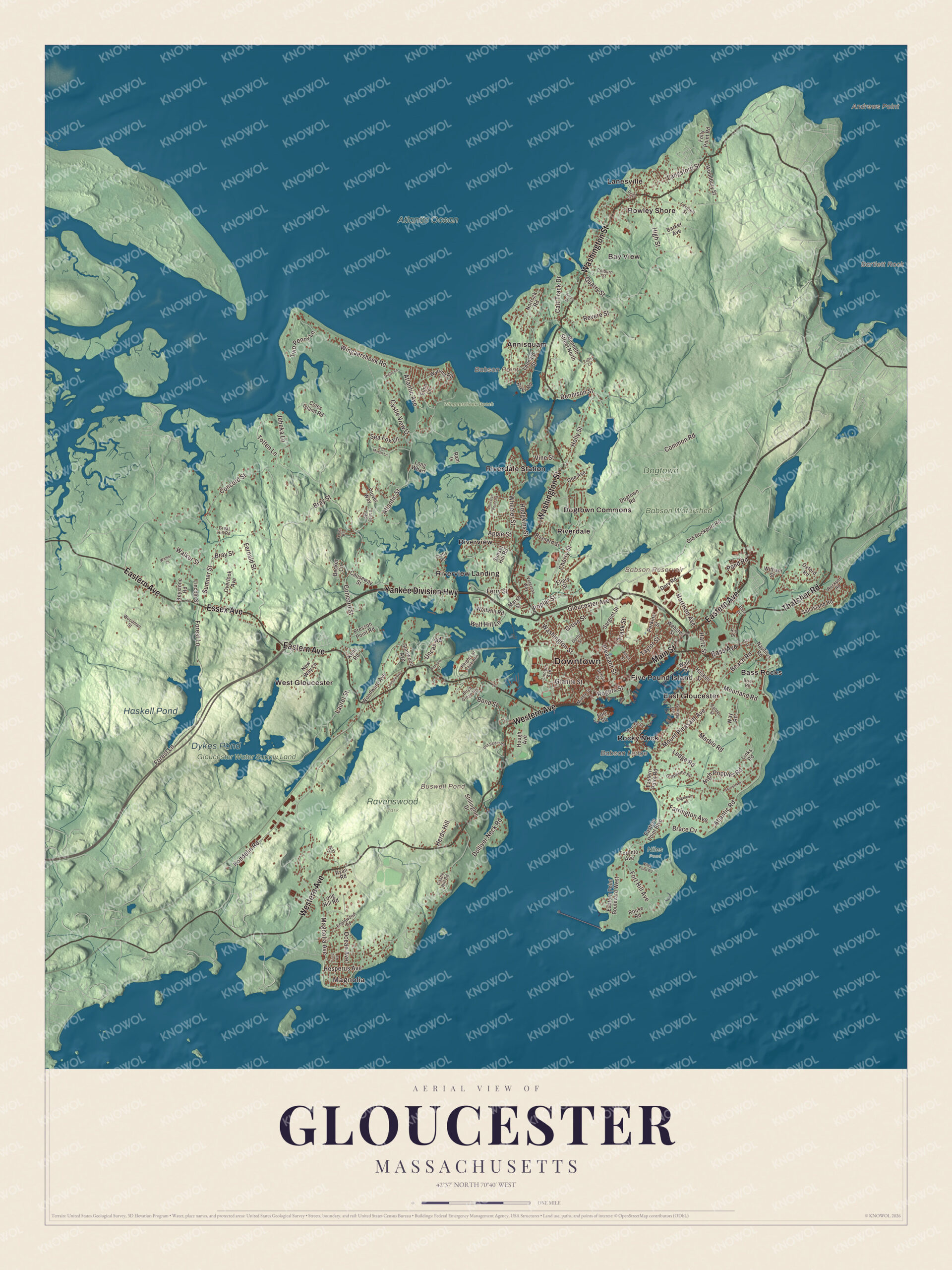 Map of Gloucester, Massachusetts, with Washington Street, Eastern Avenue and Wingaersheek Beach