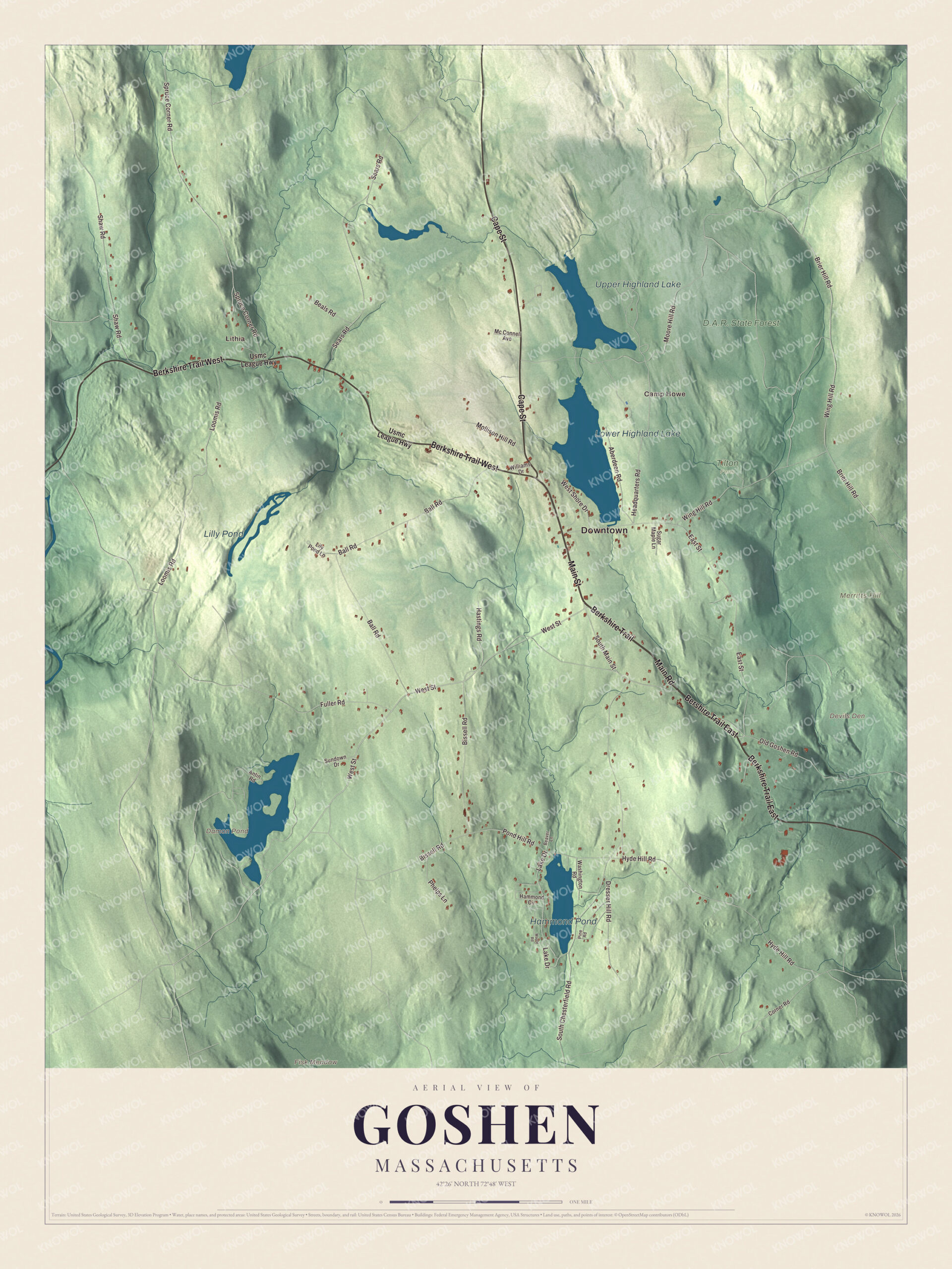 Map of Goshen, Massachusetts, with the Berkshire Trail, Upper Highland Lake and the D.A.R. State Forest