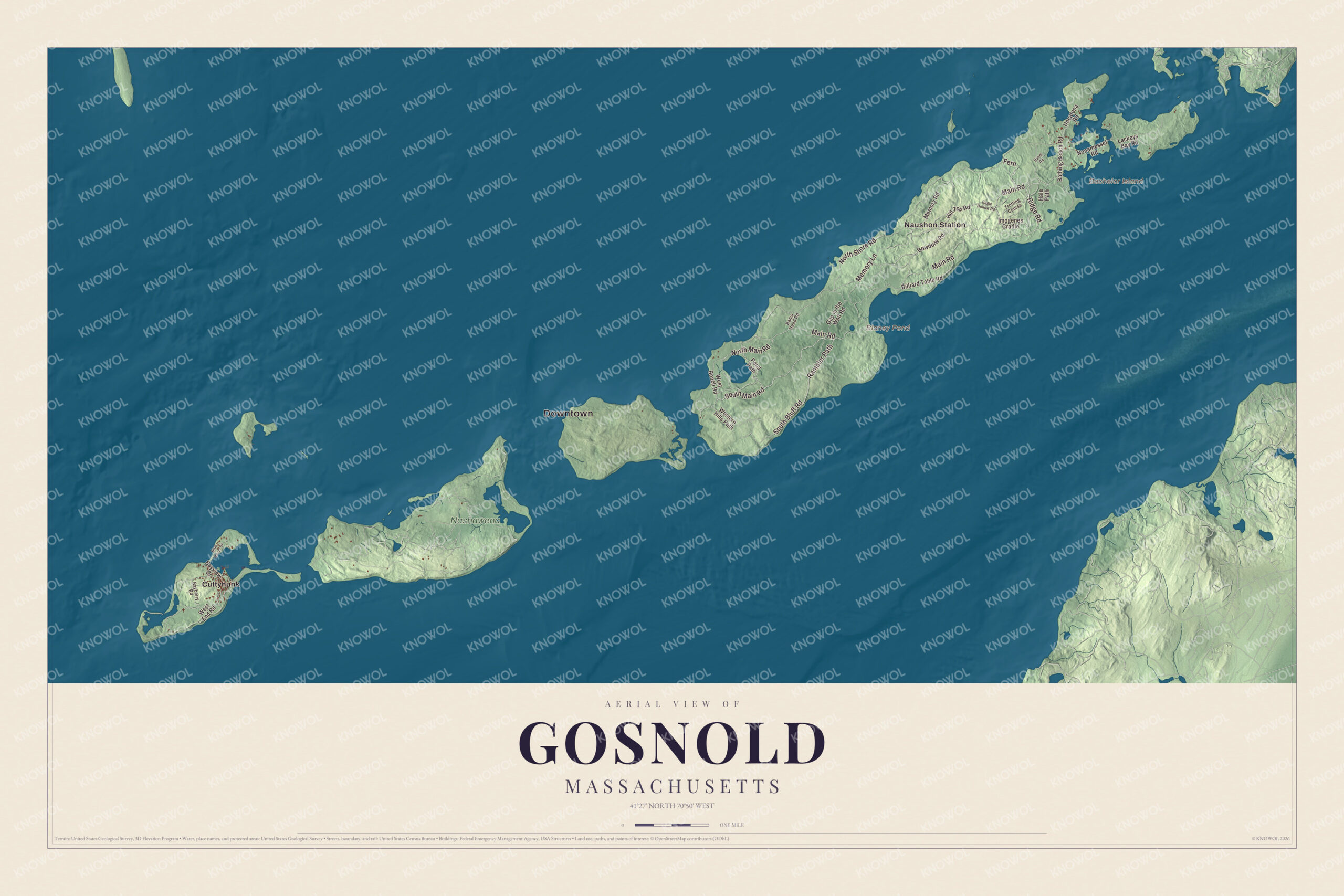 Map of Gosnold, Massachusetts, with Cuttyhunk, North Main Road and Blaney Pond
