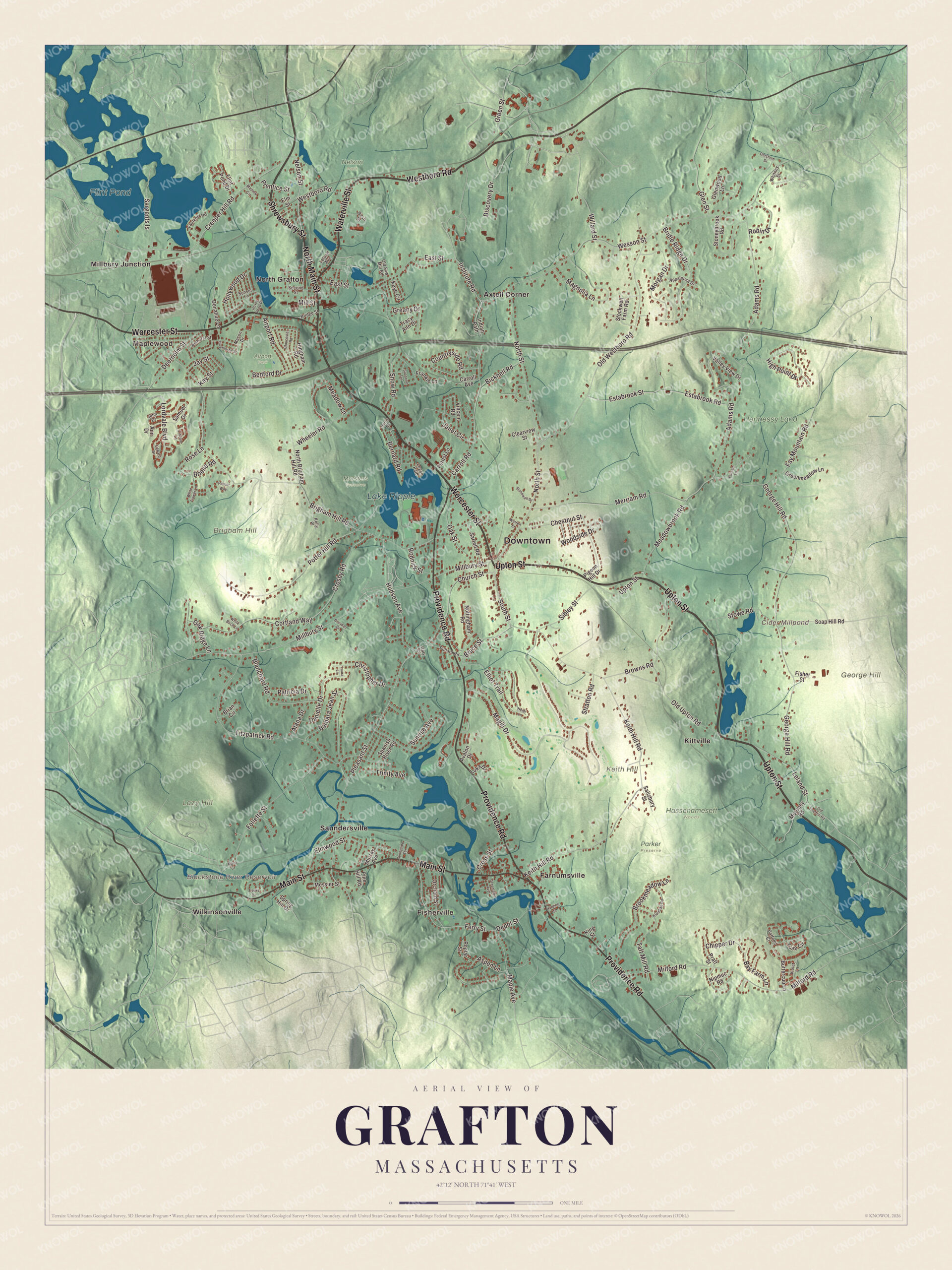 Map of Grafton, Massachusetts, with Worcester Street, Upton Street and Lake Ripple