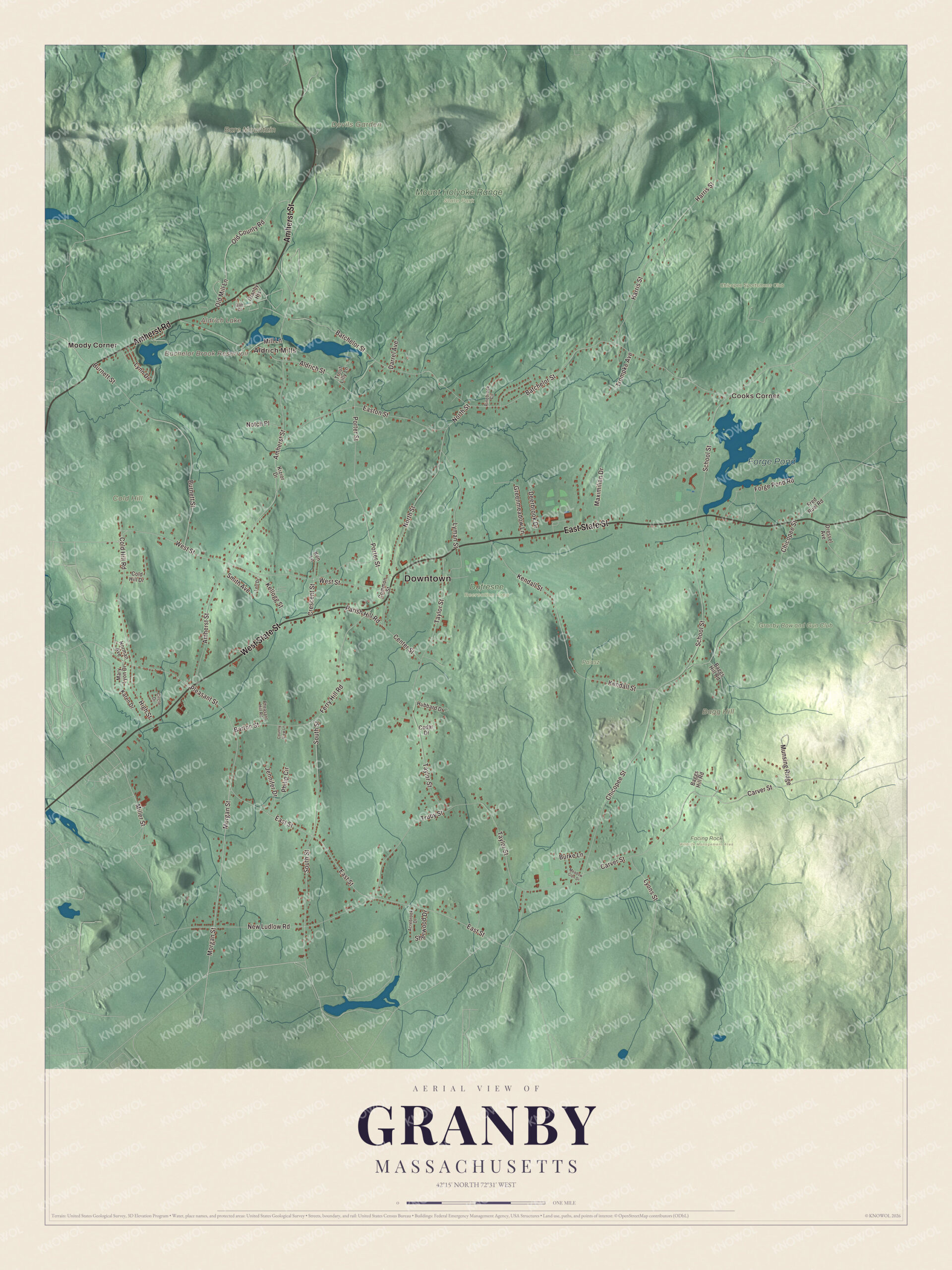 Map of Granby, Massachusetts, with East State Street, Amherst Road and Bare Mountain