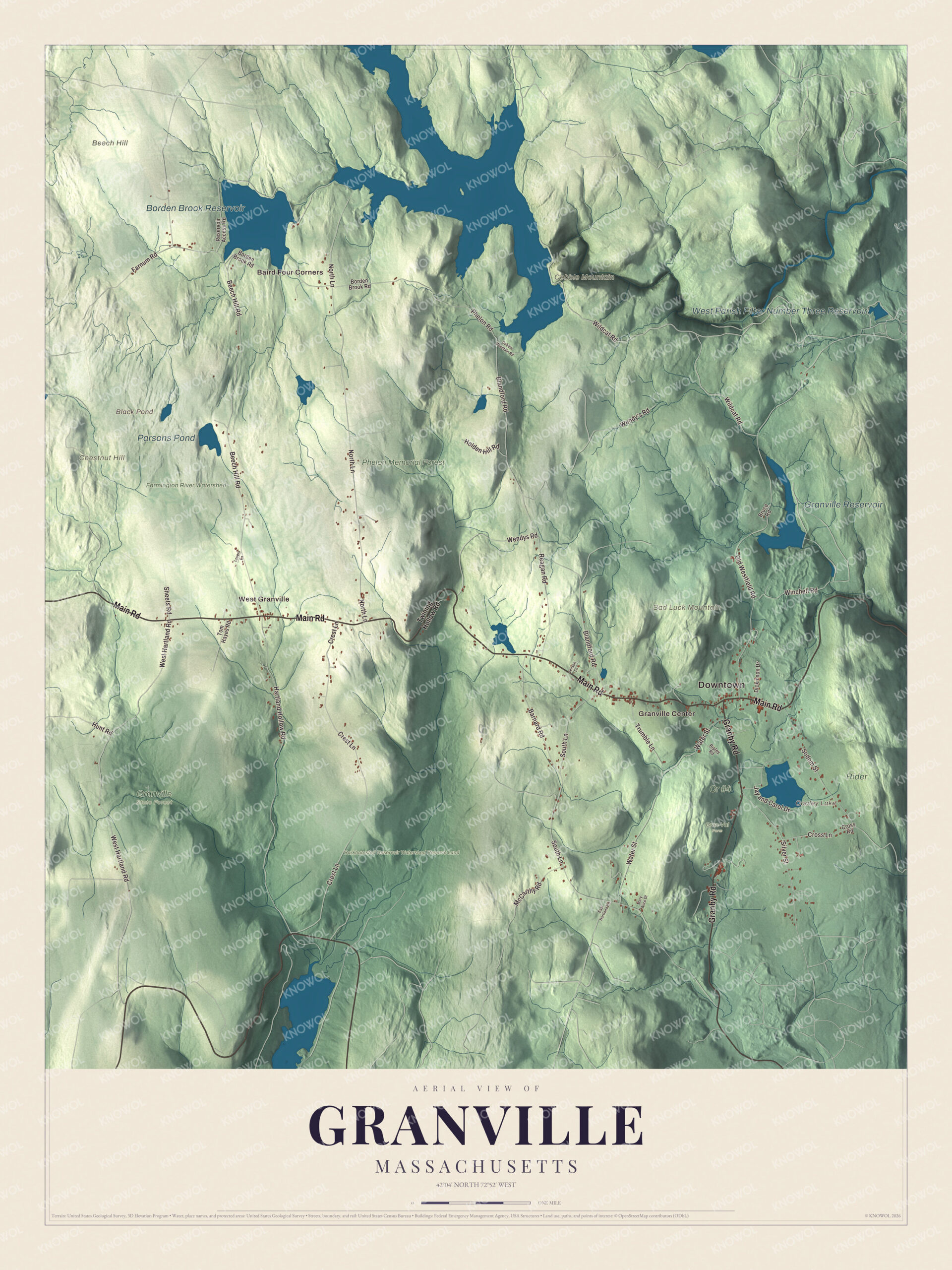 Map of Granville, Massachusetts, with Main Road, Granby Road and Cooley Lake