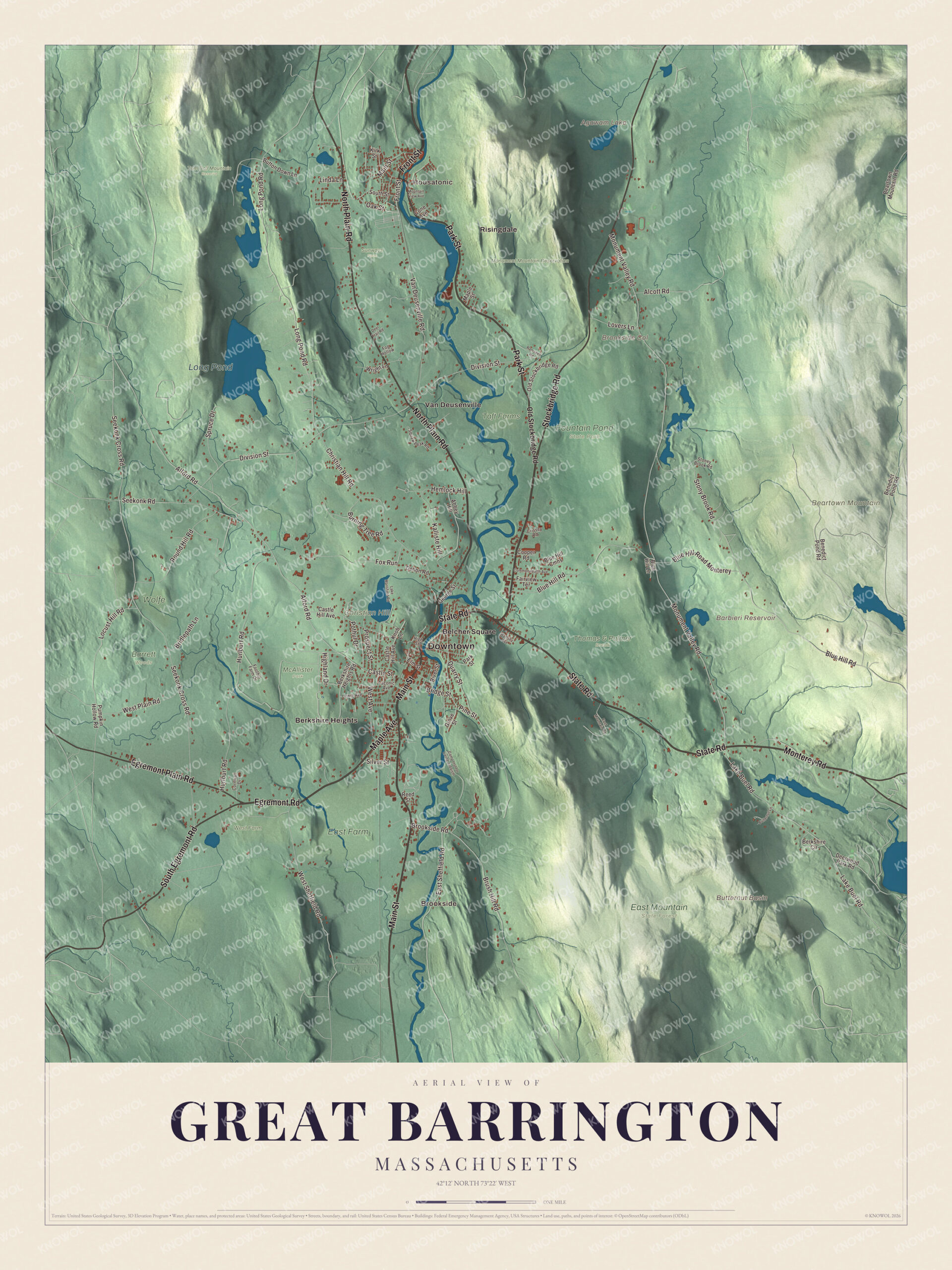 Map of Great Barrington, Massachusetts, with Main Street, Stockbridge Road and Monument Mountain Reservation