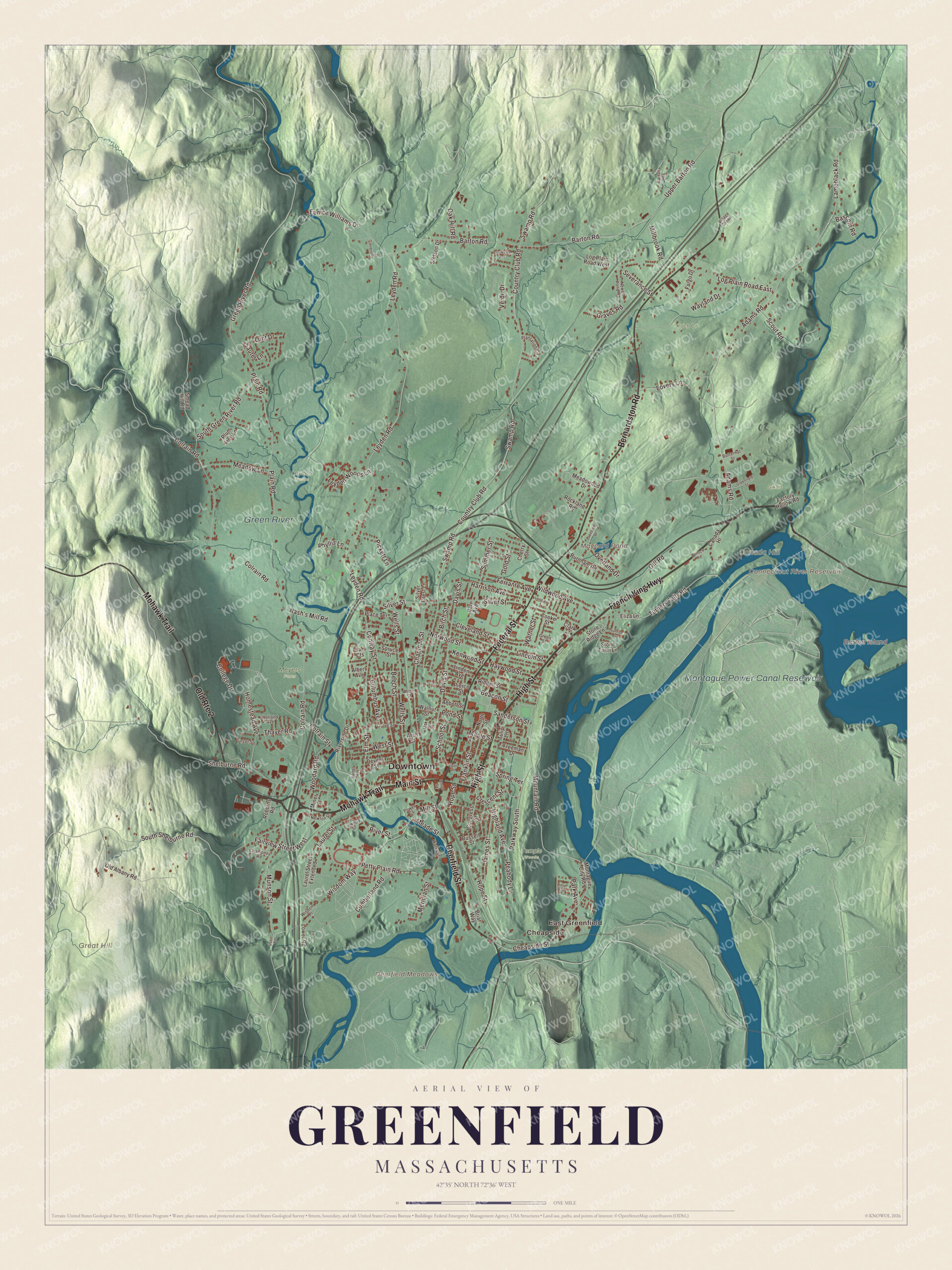 Map of Greenfield, Massachusetts, with Main Street, the Mohawk Trail and Canada Hill