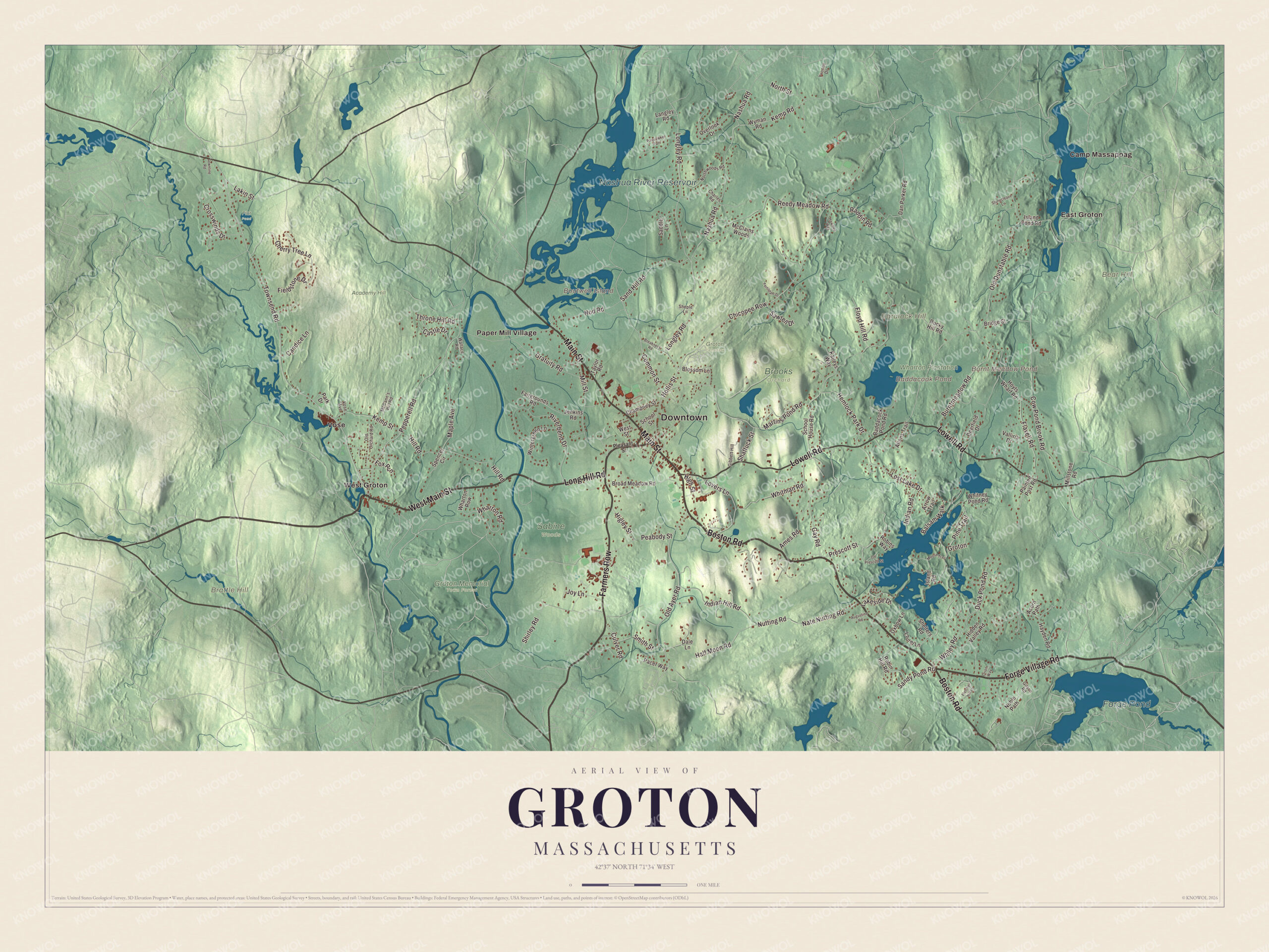 Map of Groton, Massachusetts, with Main Street, Boston Road and the Nashua River Reservoir