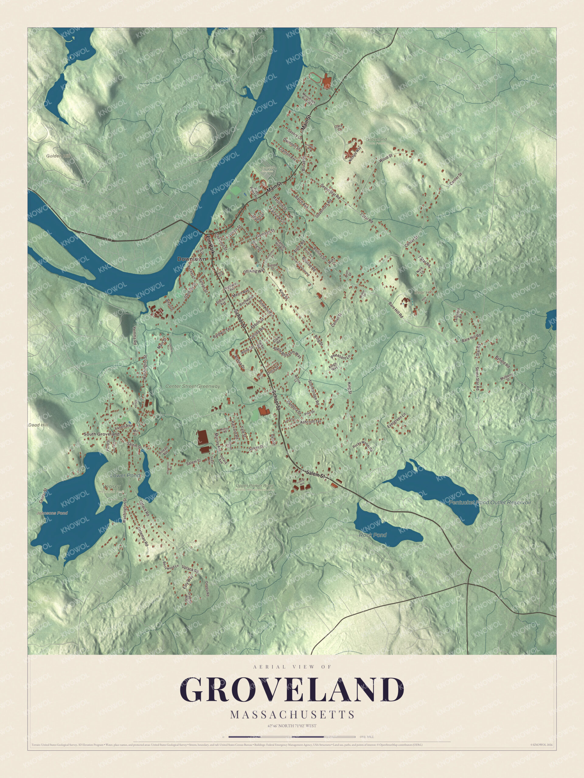 Map of Groveland, Massachusetts, with Main Street, Salem Street and Johnsons Pond