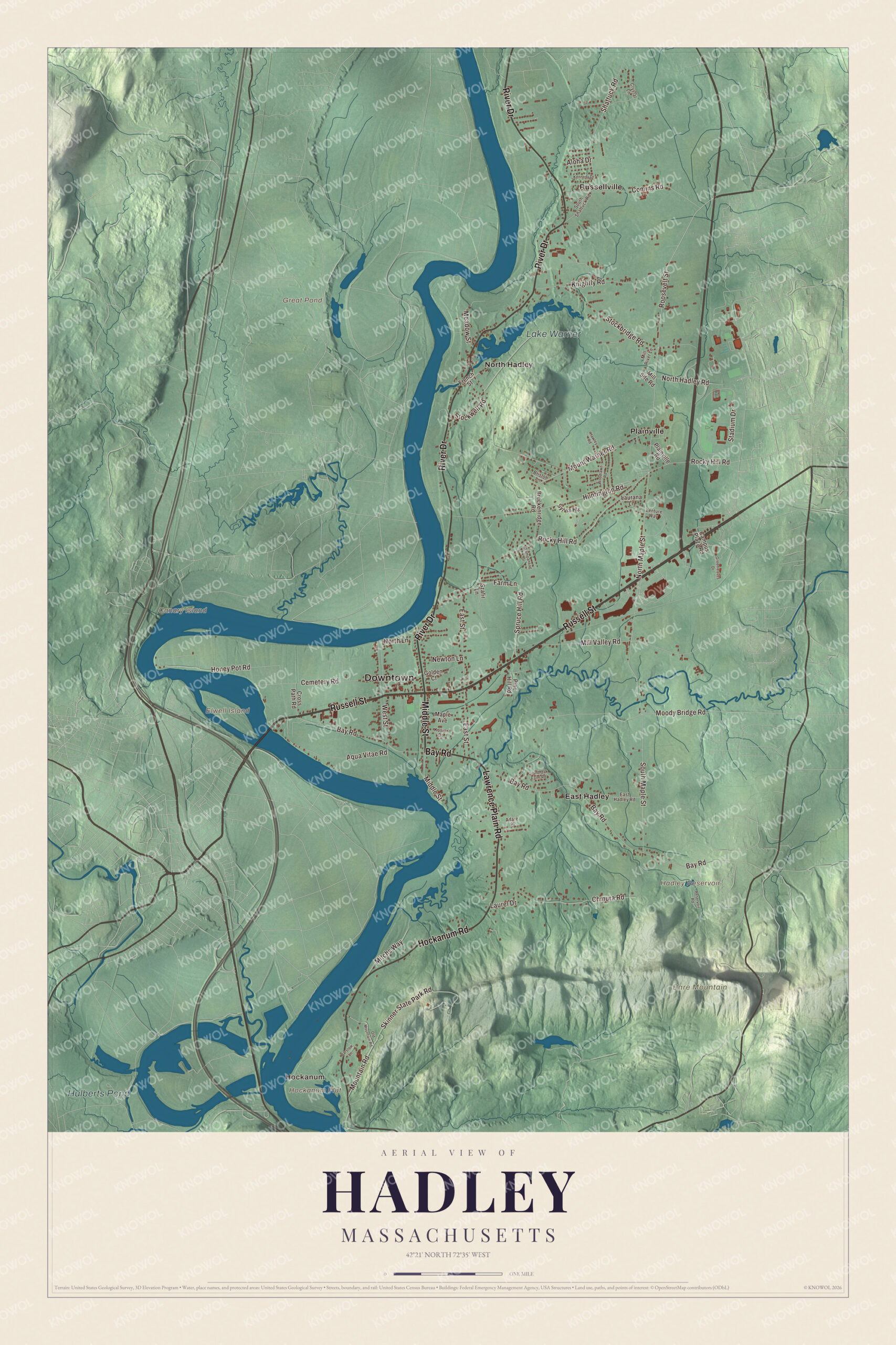 Map of Hadley, Massachusetts, with Russell Street, River Drive and Lake Warner