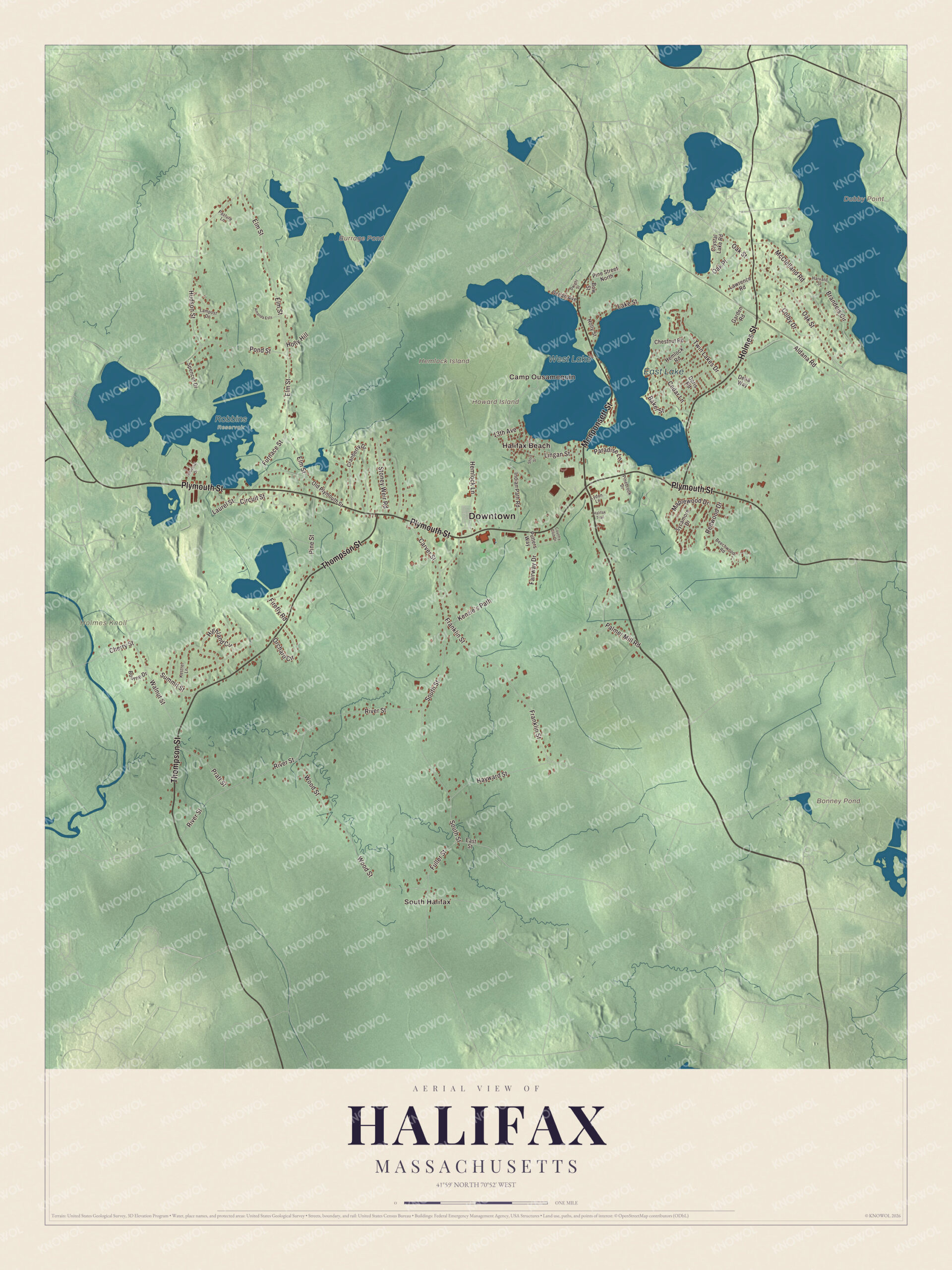 Map of Halifax, Massachusetts, with Monponsett Street, West Lake and East Lake