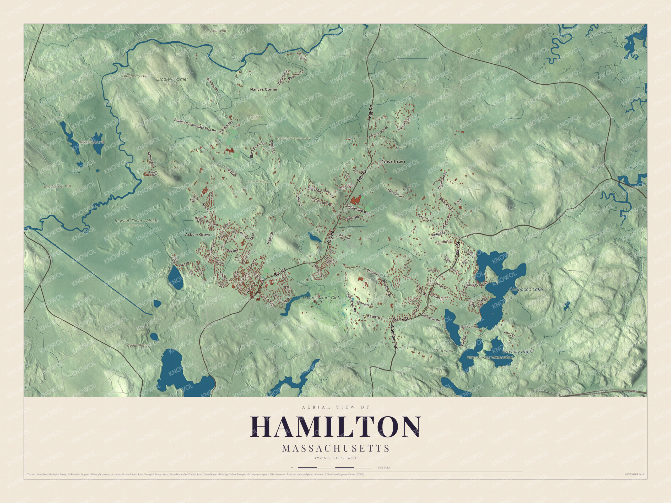 Map of Hamilton, Massachusetts, with Bay Road, Highland Street and Chebacco Lake