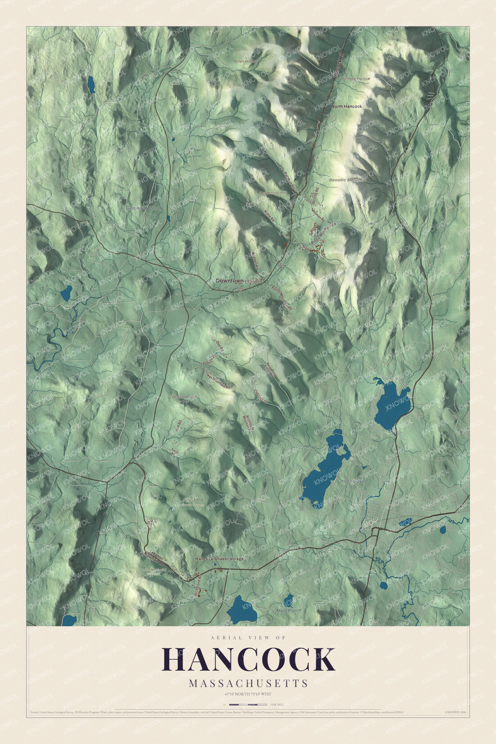 Map of Hancock, Massachusetts, with Hancock Road, Brodie Mountain Road and Beoadic Mountain