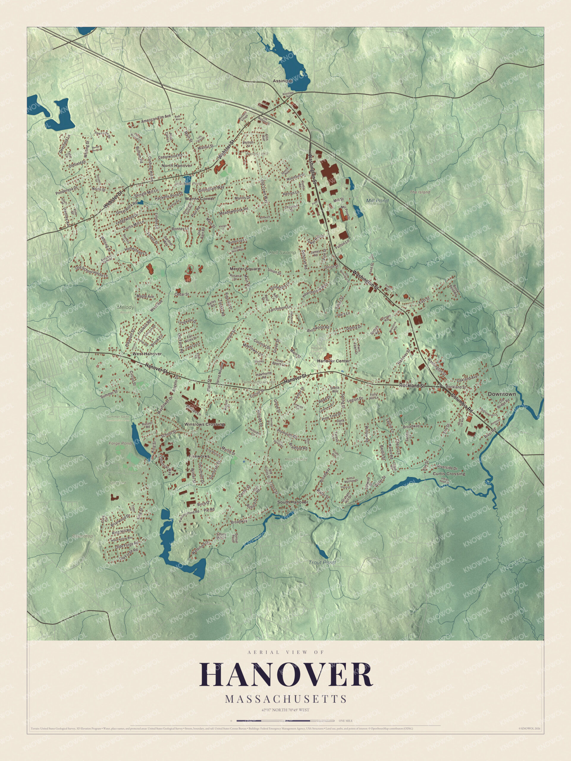 Map of Hanover, Massachusetts, with Washington Street, Hanover Street and Forge Pond