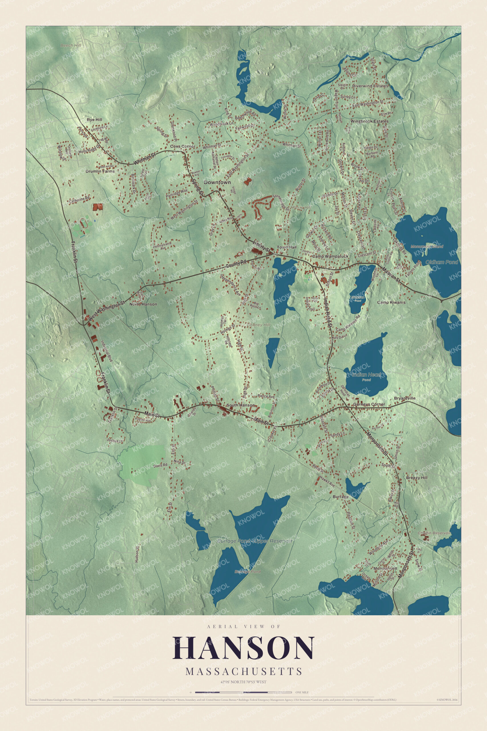 Map of Hanson, Massachusetts, with Main Street, Liberty Street and Oldham Pond