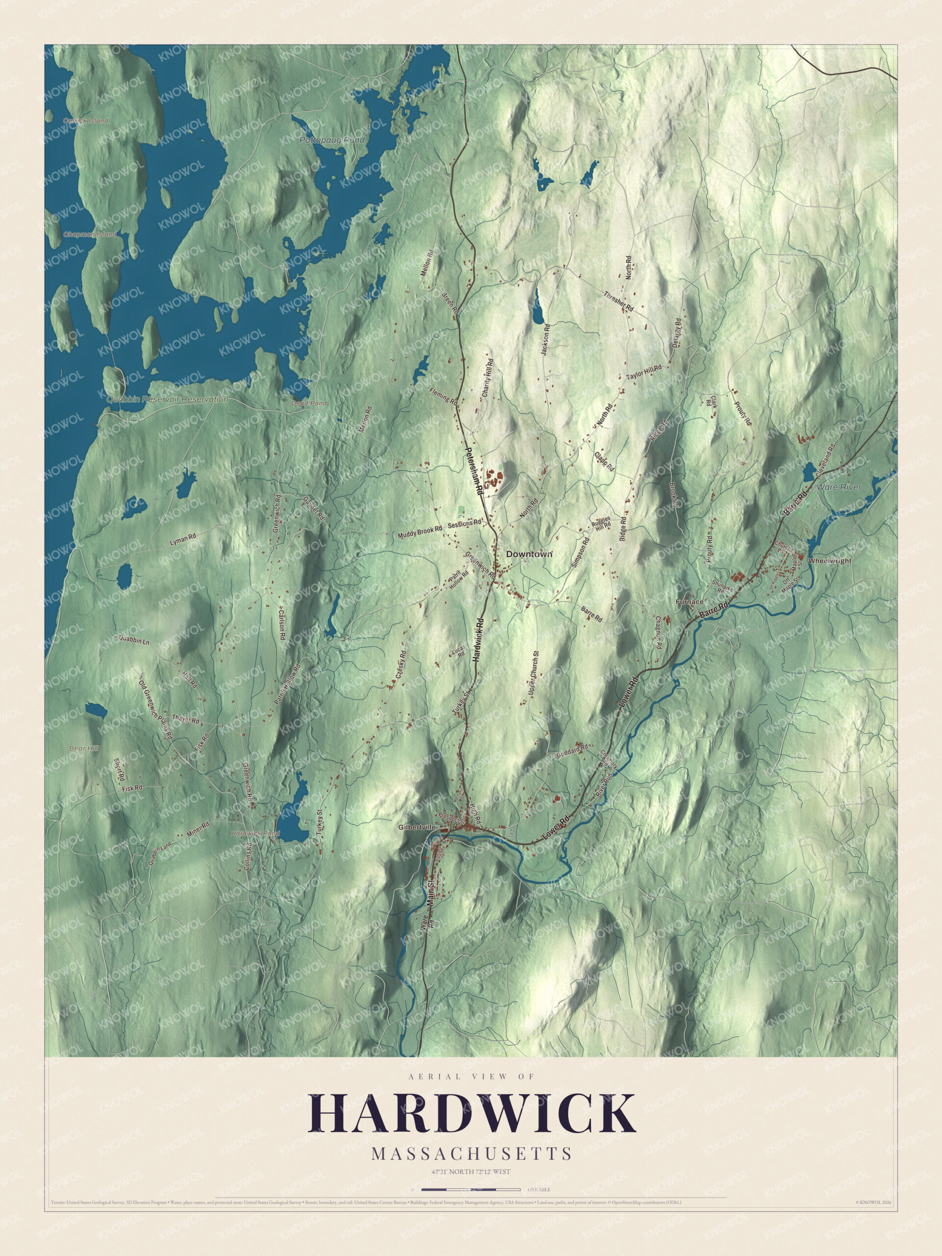 Map of Hardwick, Massachusetts, with Petersham Road, Barre Road and Hardwick Pond