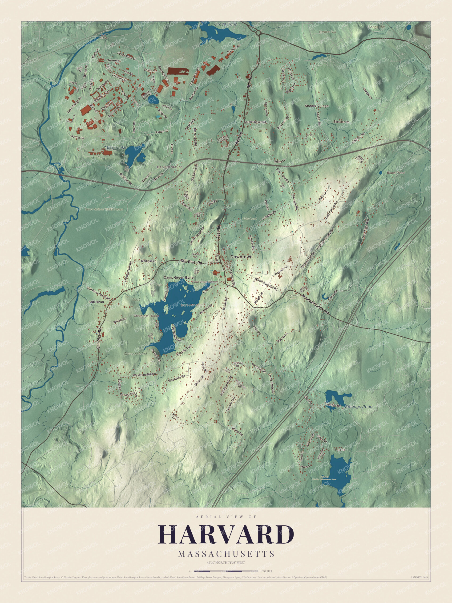 Map of Harvard, Massachusetts, with Ayer Road, Still River Road and Bare Hill Pond