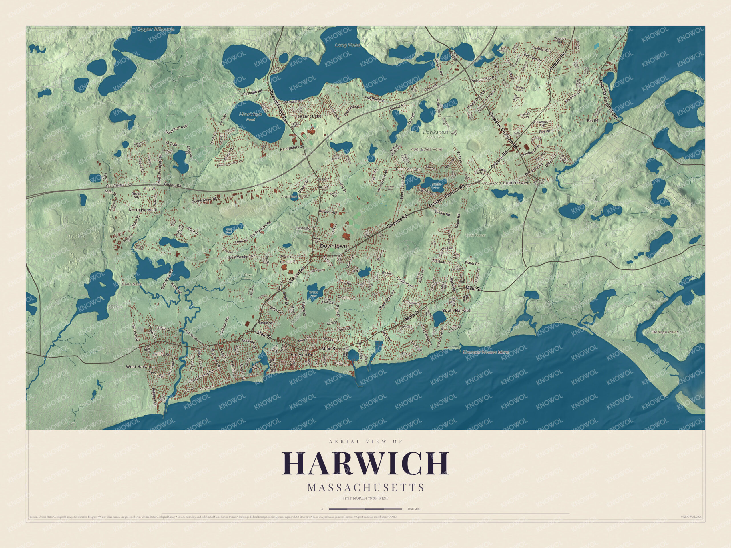 Map of Harwich, Massachusetts, with Main Street, Pleasant Lake Avenue and Long Pond