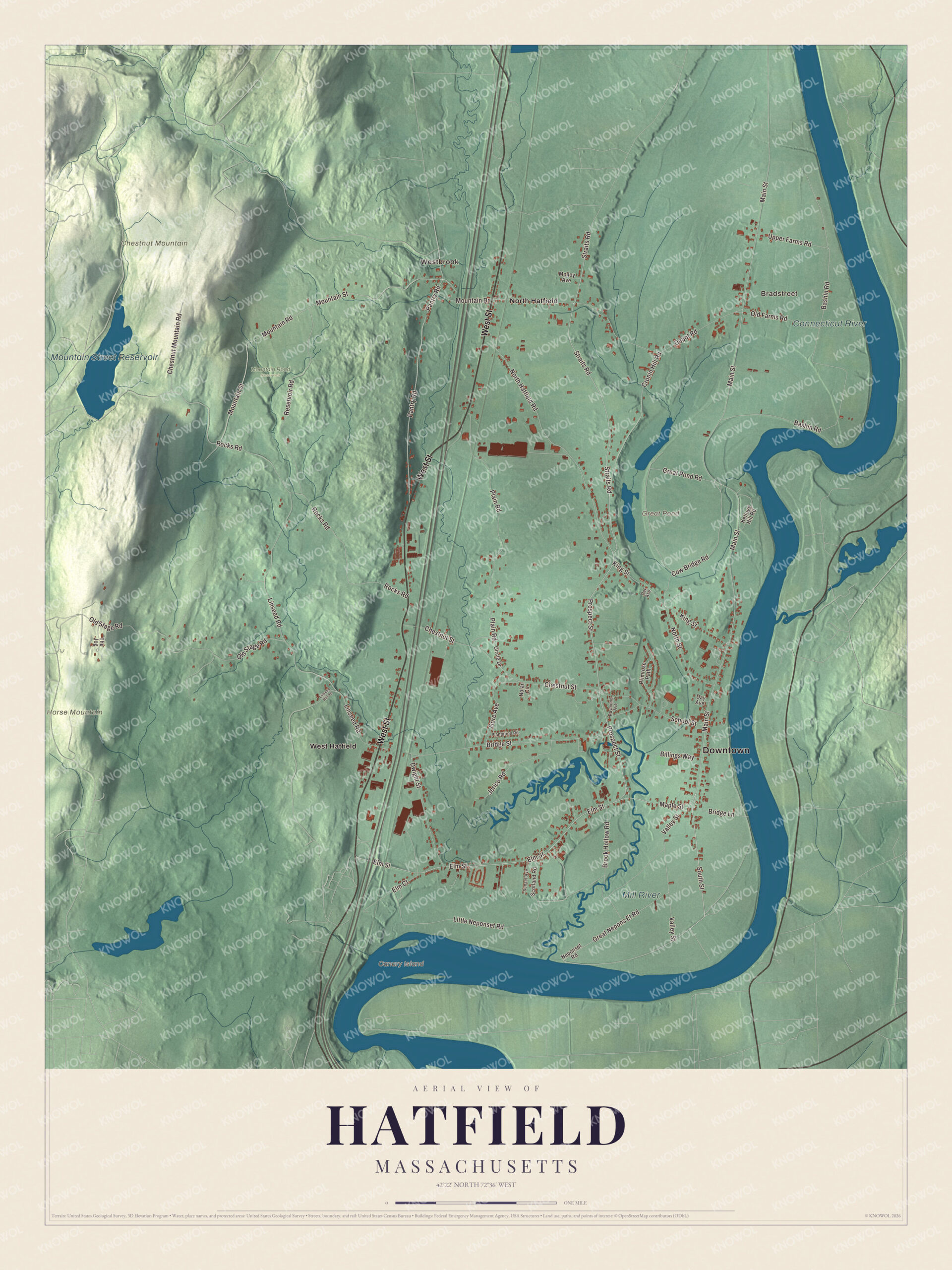 Map of Hatfield, Massachusetts, with Main Street, Prospect Street and the Connecticut River
