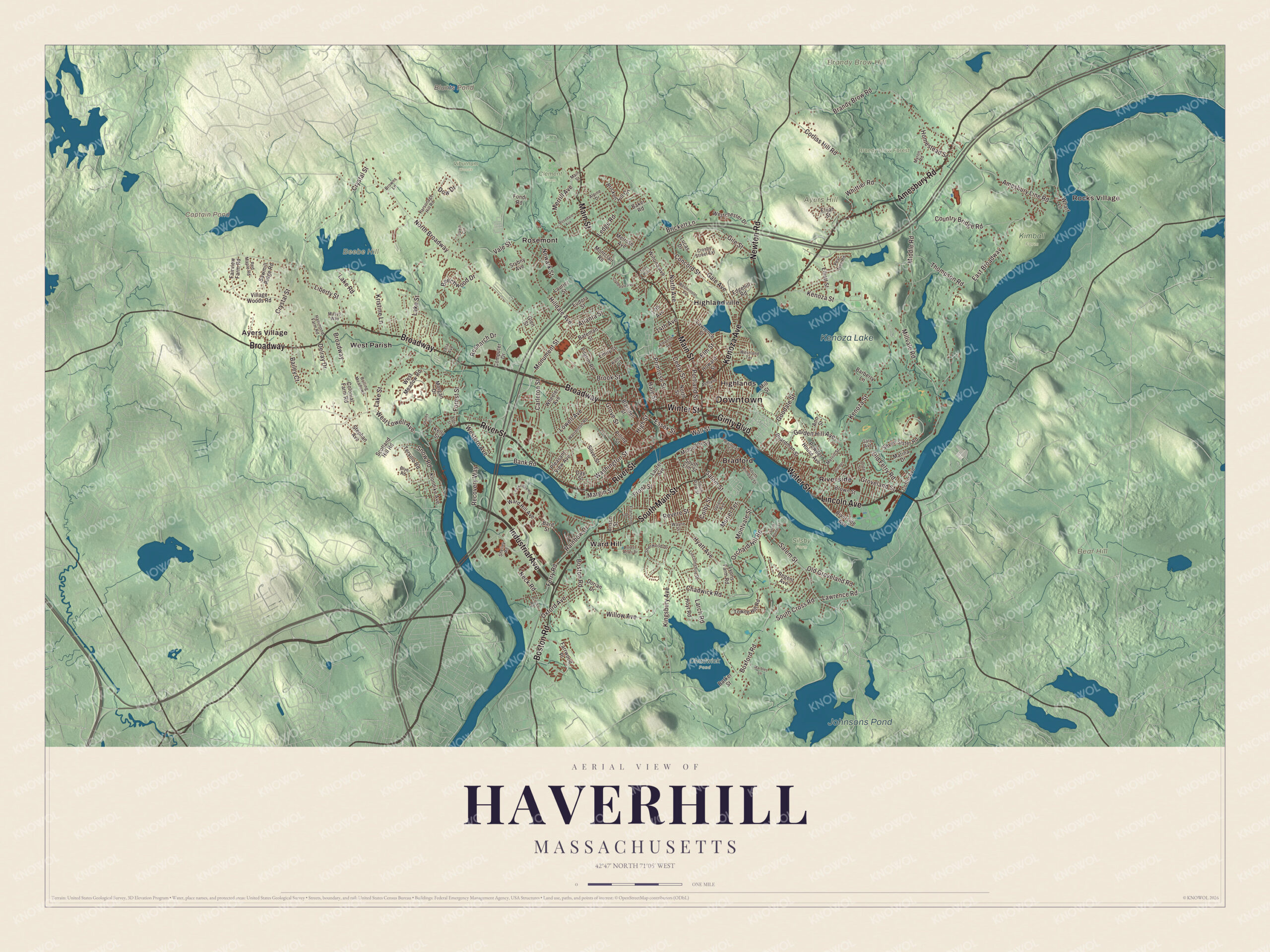 Map of Haverhill, Massachusetts, with River Street, Winter Street and Kenoza Lake