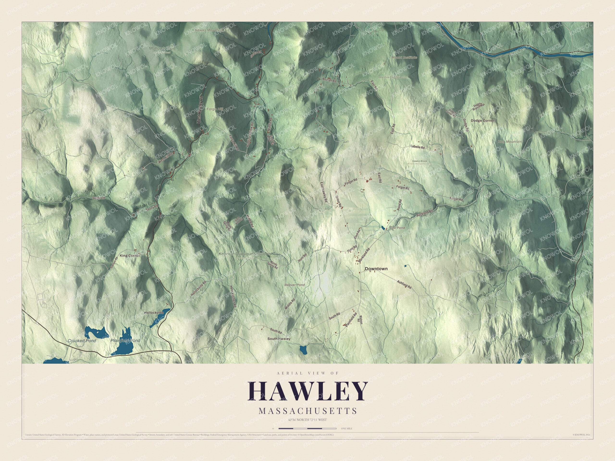 Map of Hawley, Massachusetts, with West Hawley Road, Plainfield Road and Hawks Mountain