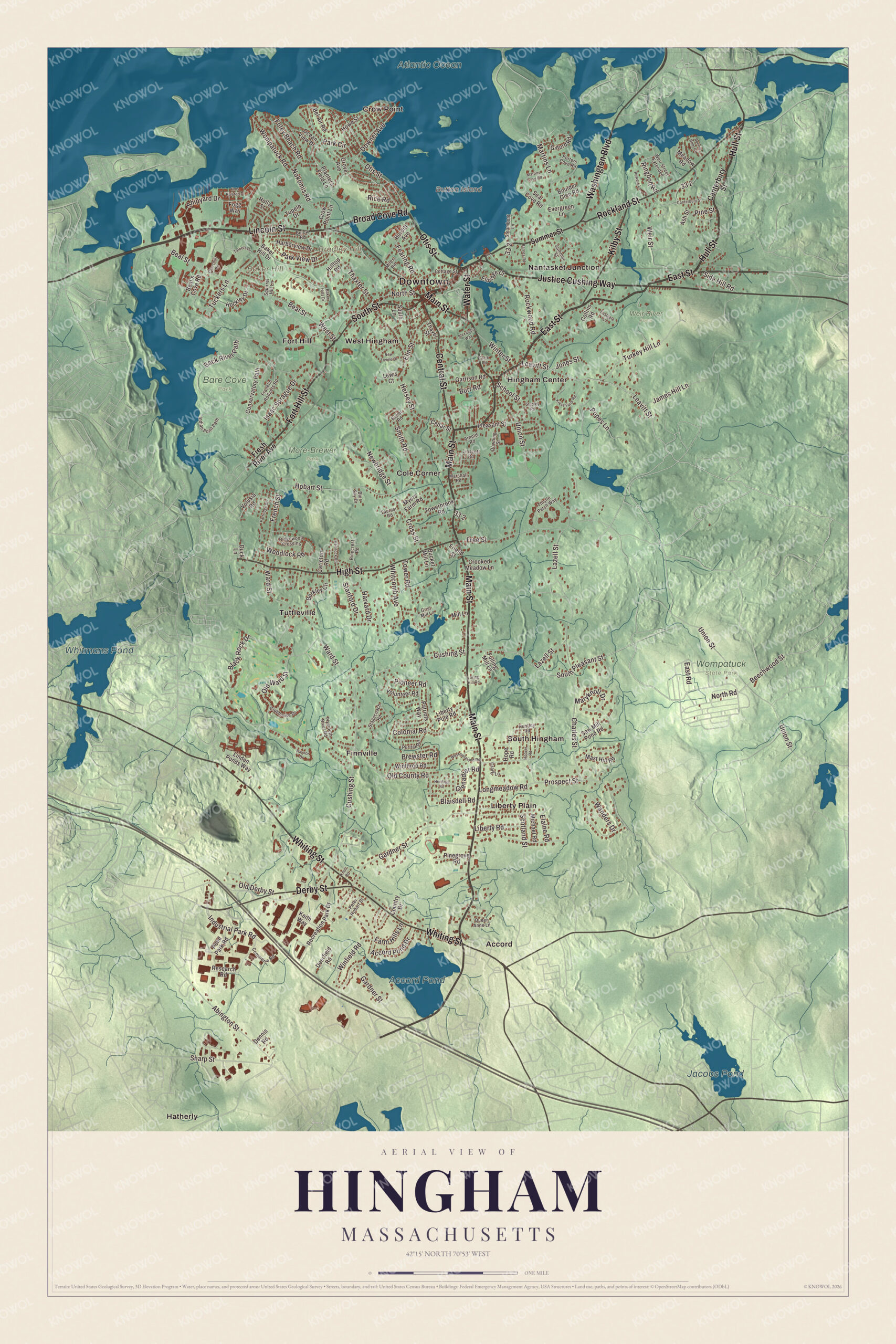Map of Hingham, Massachusetts, with Main Street, East Street and Accord Pond