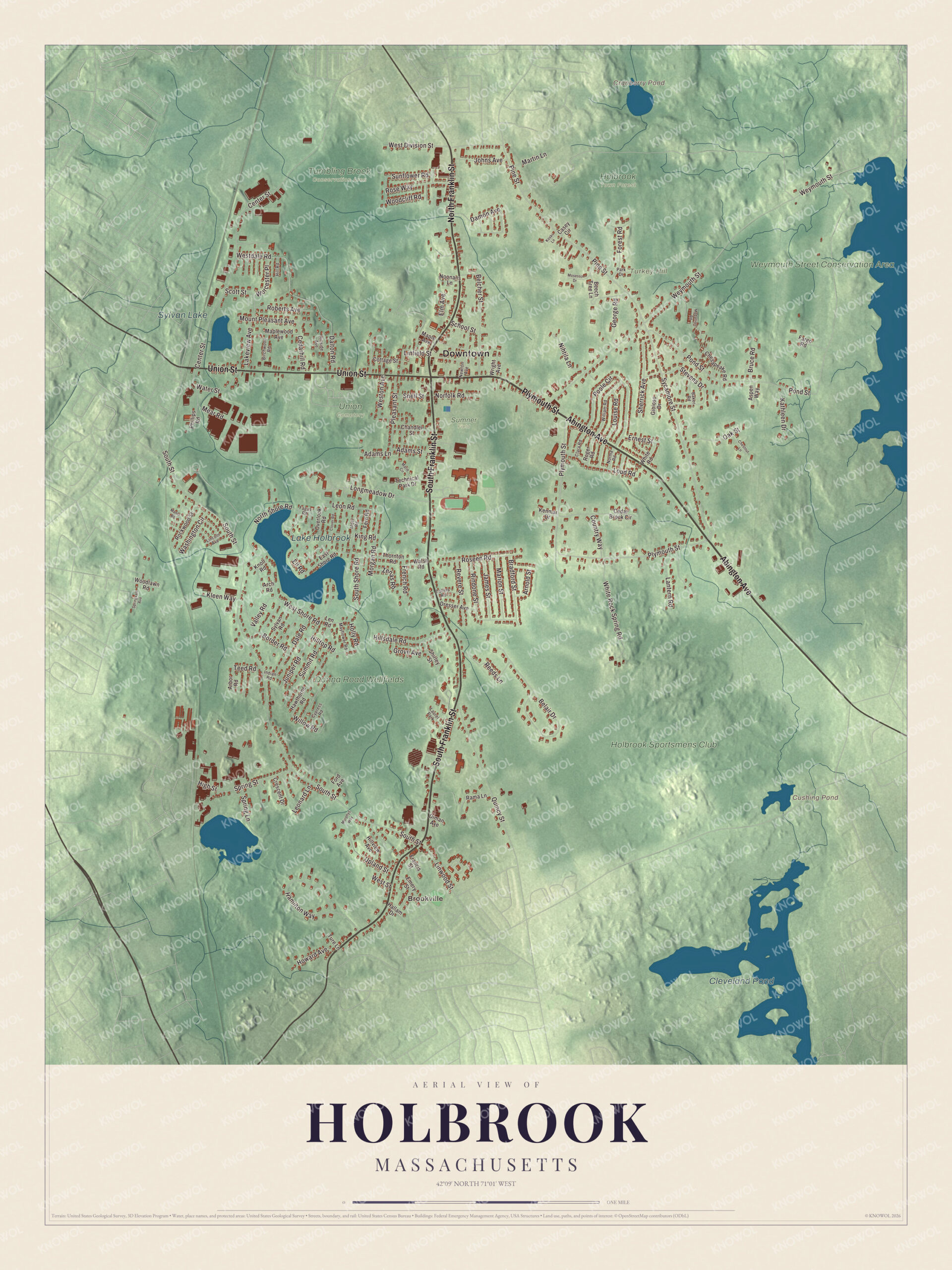 Map of Holbrook, Massachusetts, with North Franklin Street, Union Street and Lake Holbrook