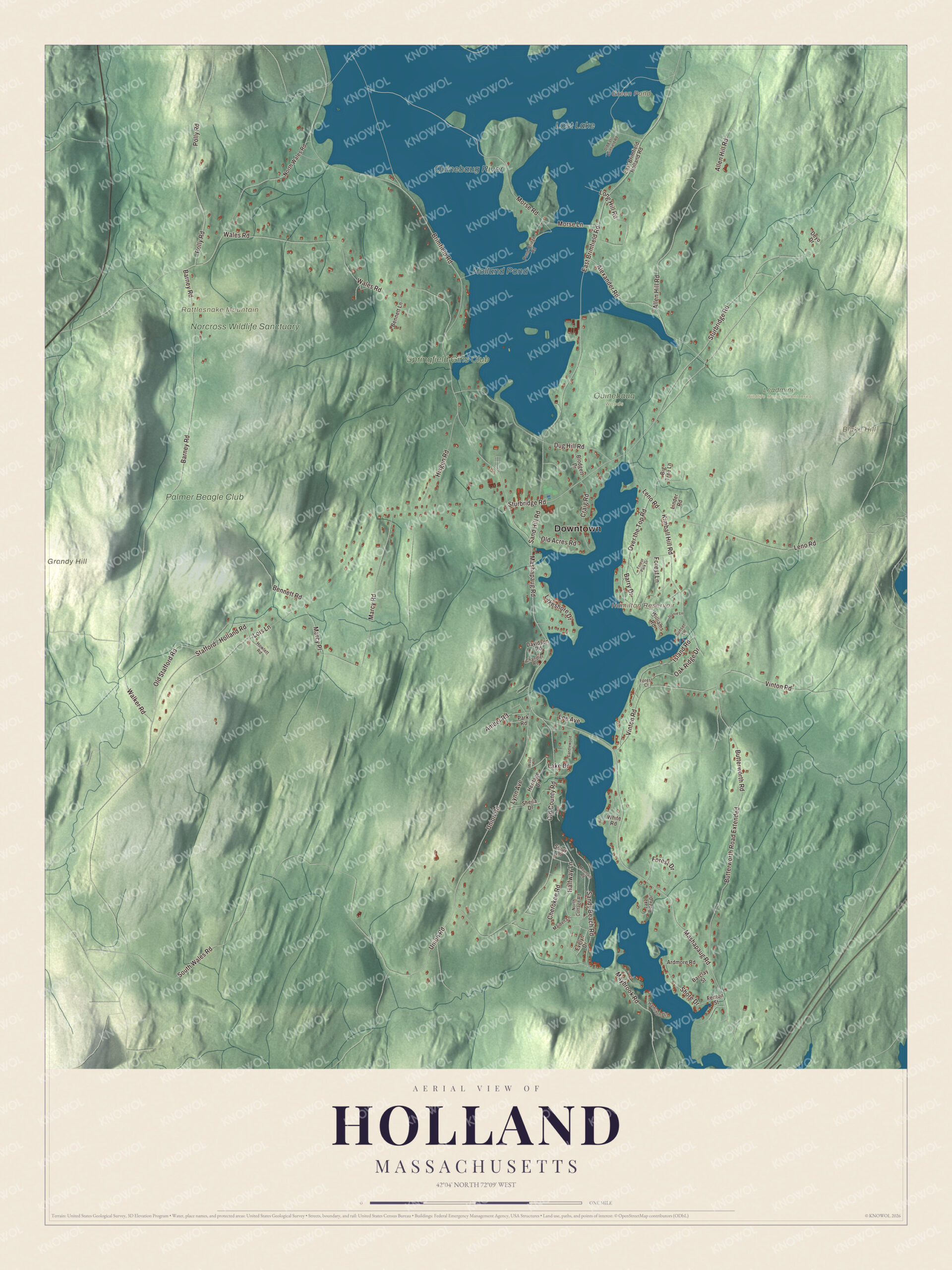 Map of Holland, Massachusetts, with Sturbridge Road, Mashapaug Road and Hamilton Reservoir