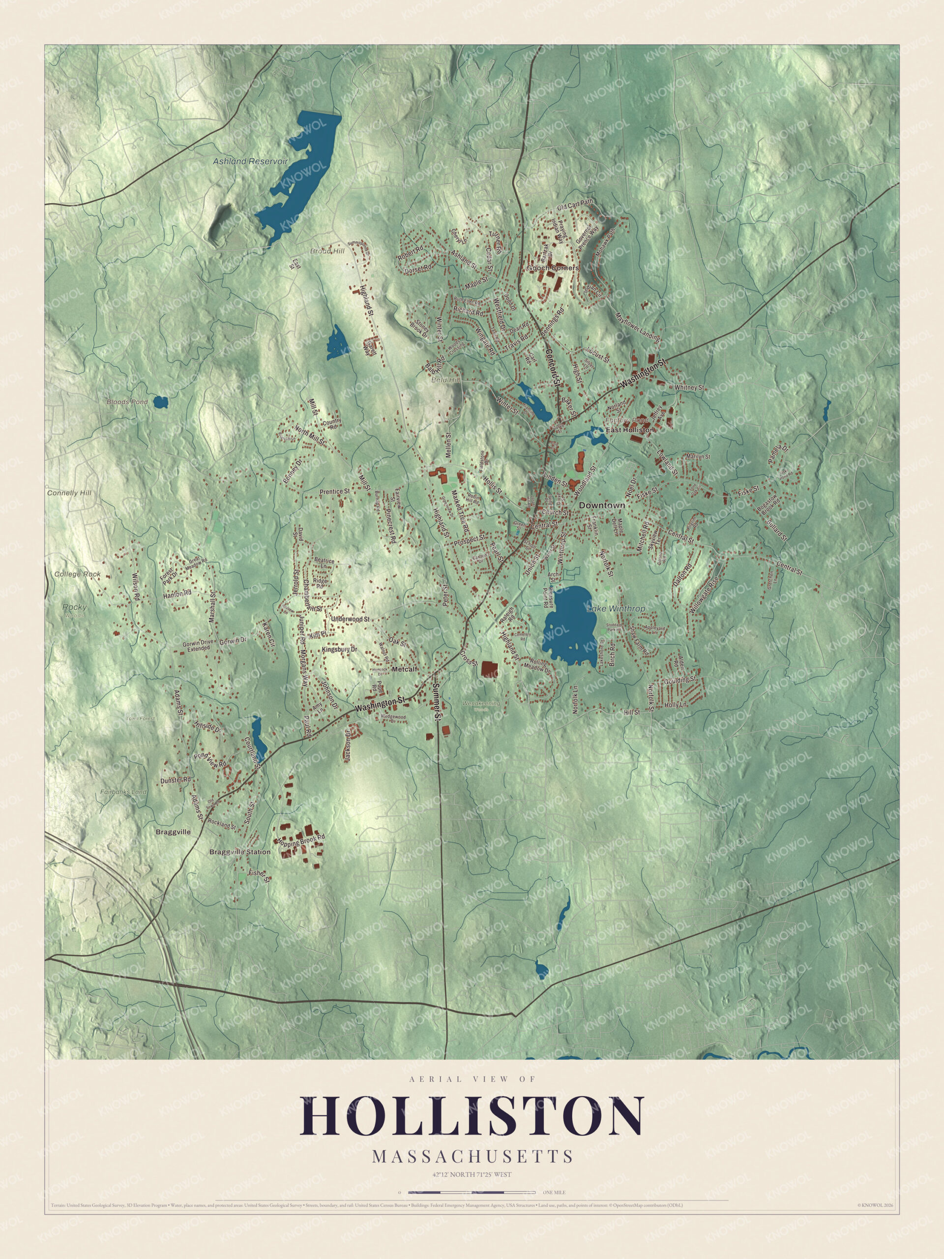 Map of Holliston, Massachusetts, with Washington Street, Lake Winthrop and Bald Hill