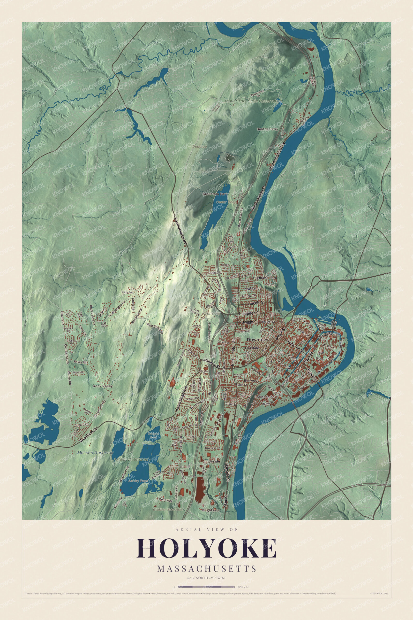 Map of Holyoke, Massachusetts, with Main Street, Mountain Park and the Mount Tom State Reservation