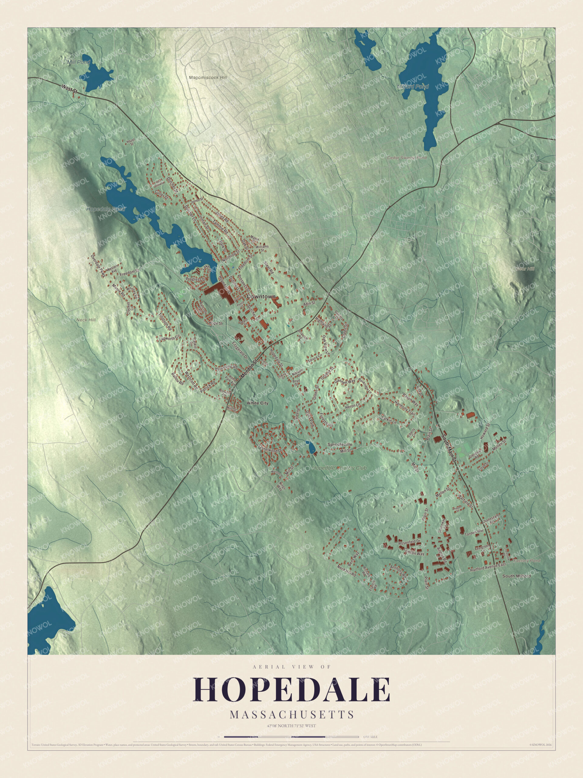 Map of Hopedale, Massachusetts, with Freedom Street, Hopedale Pond and Mill Pond