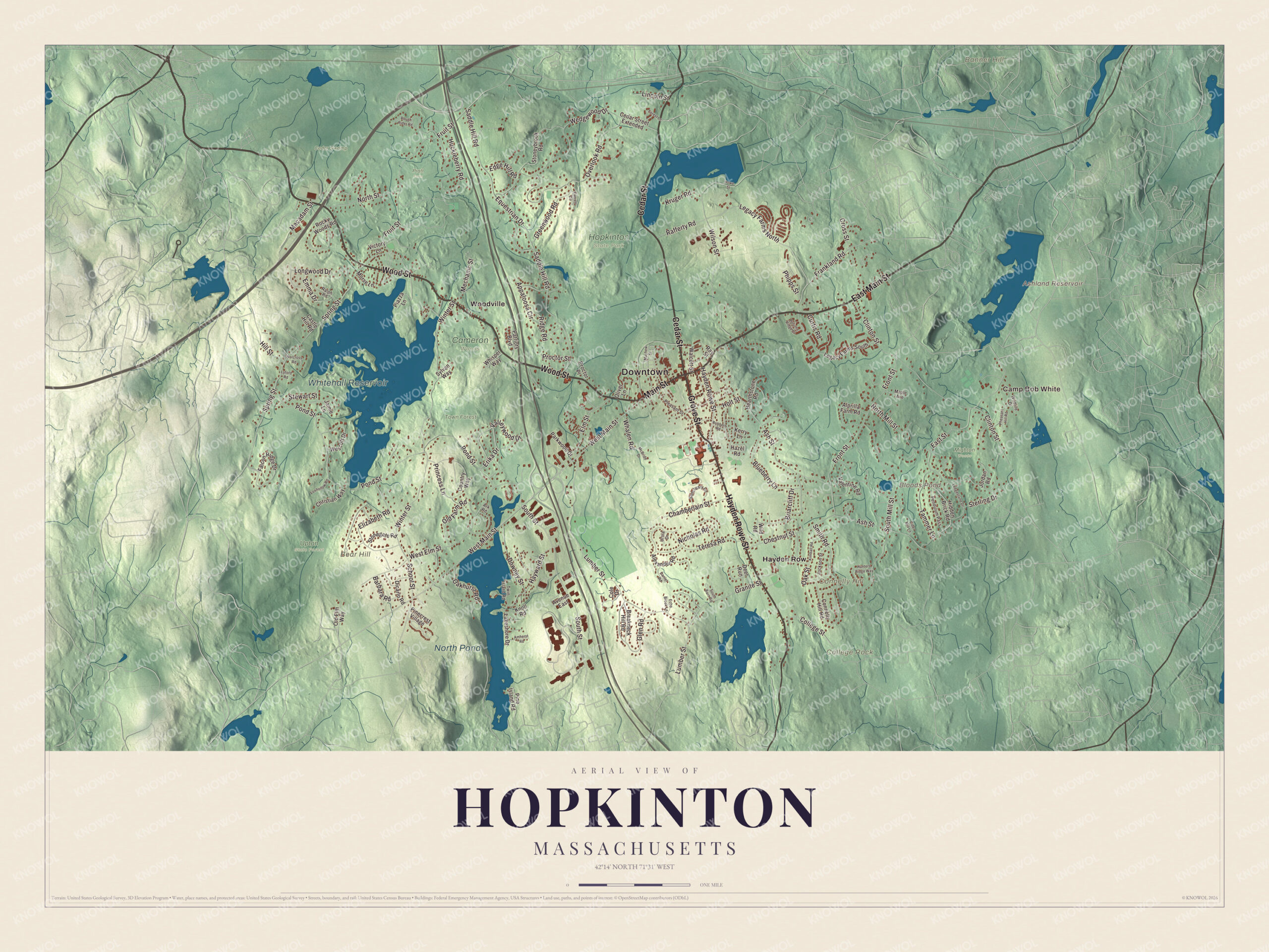 Map of Hopkinton, Massachusetts, with Main Street, Whitehall Reservoir and North Pond