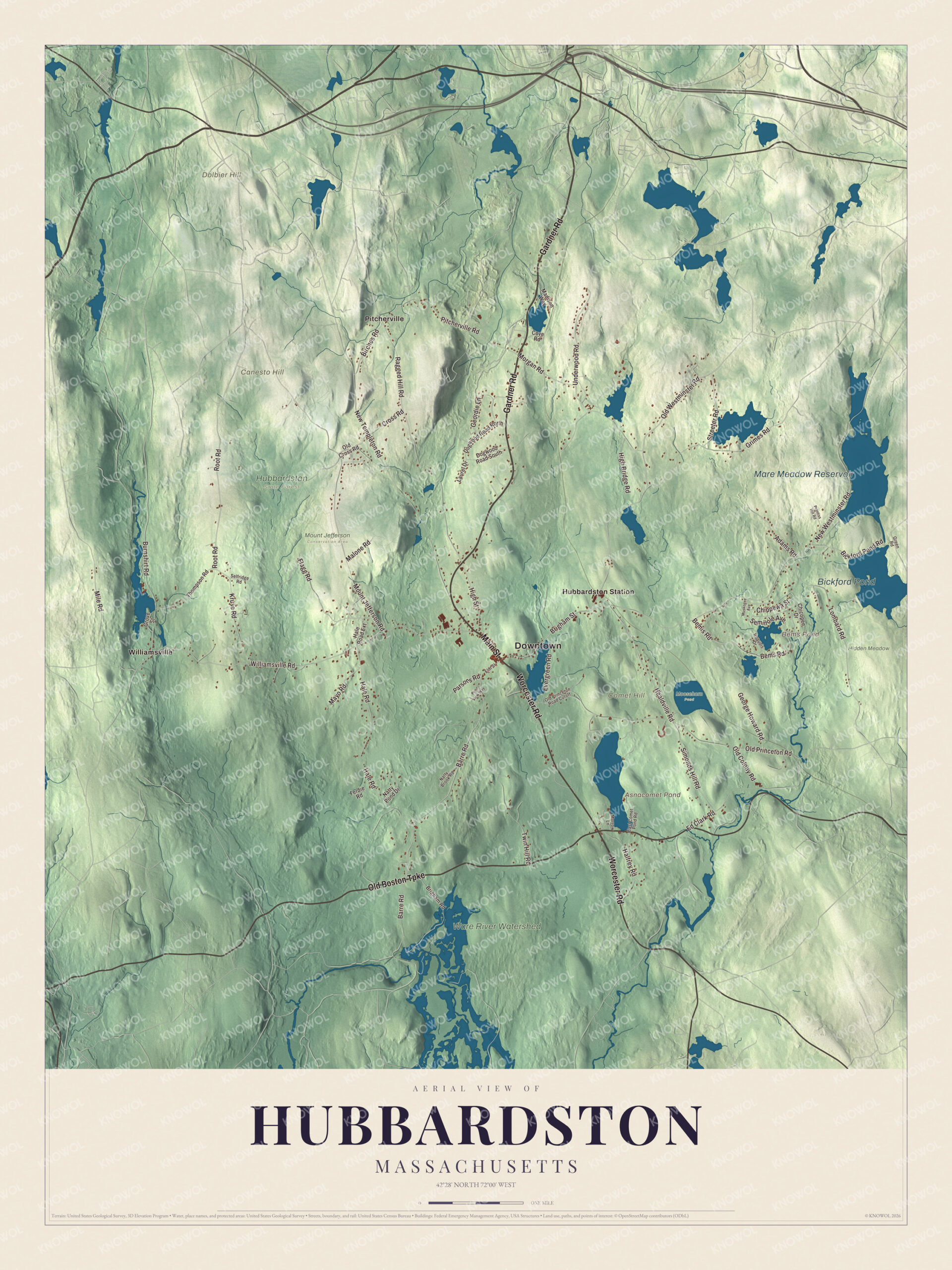 Map of Hubbardston, Massachusetts, with Main Street, Asnacomet Pond and the Mare Meadow Reservoir