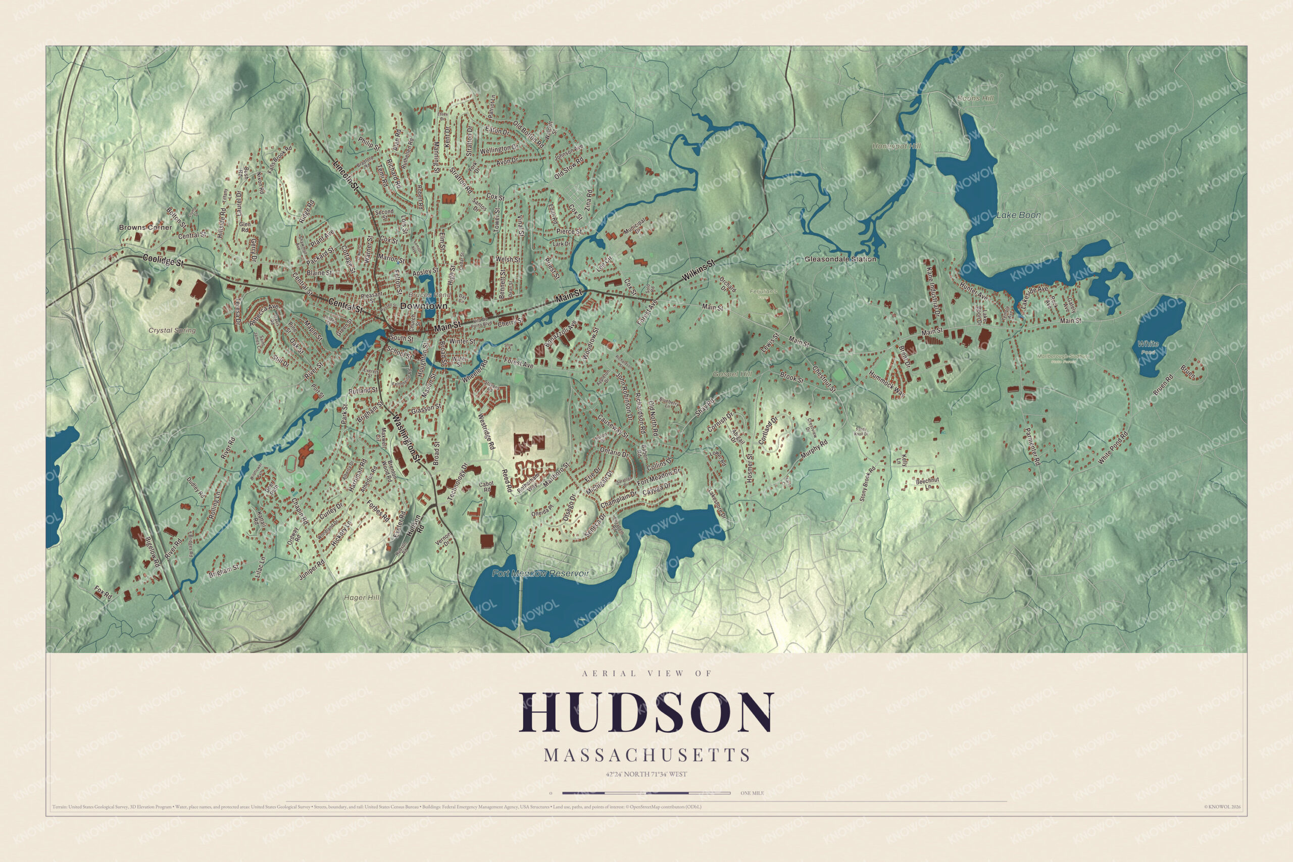 Map of Hudson, Massachusetts, with Main Street, Lake Boon and Fort Meadow Reservoir