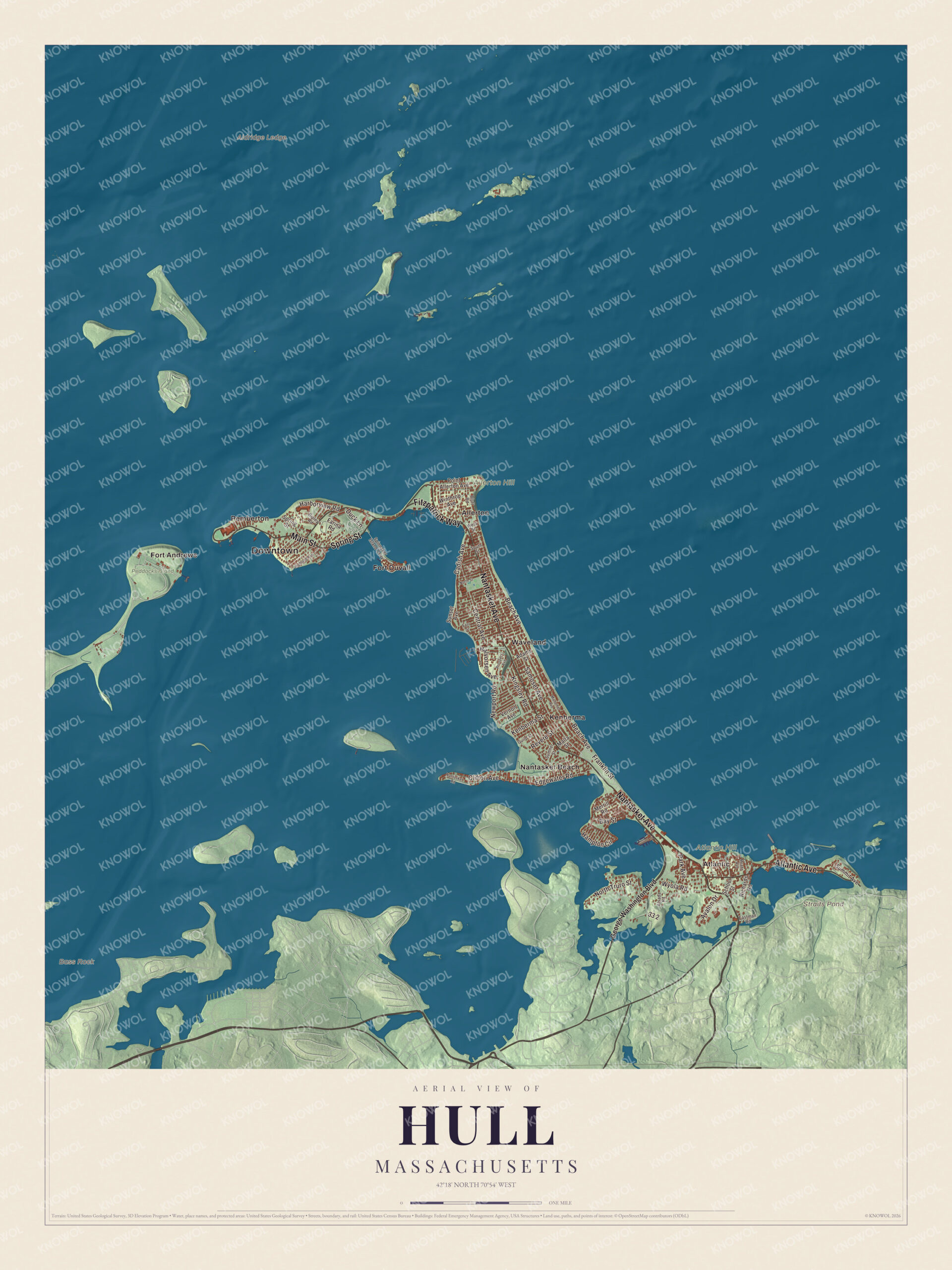 Map of Hull, Massachusetts, with Nantasket Avenue, Nantasket Beach and Allerton Hill